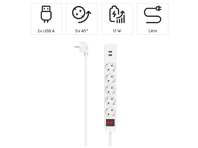 Hama 00223183 Steckdosenleiste, 5-fach, USB-A 17W, Schalter, 1,4 m, Weiß; Steckdosenleiste mit Schalter — Foto 5 von 5
