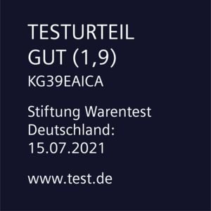 Text auf dunkelblauem Hintergrund: Testergebnis, Note 1,9, Details und Website.