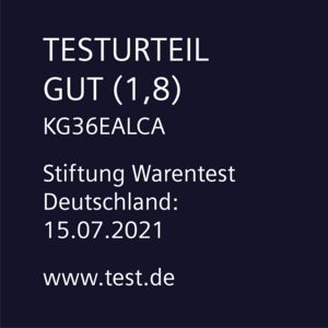 Blauer Hintergrund mit weißem Text, Bewertung 1,8, von Stiftung Warentest. Enthält das Datum 15.07.2021 und eine Website.