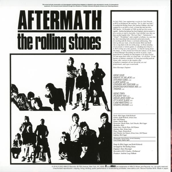 Albumhoes van The Rolling Stones' Aftermath, met foto's van de band.