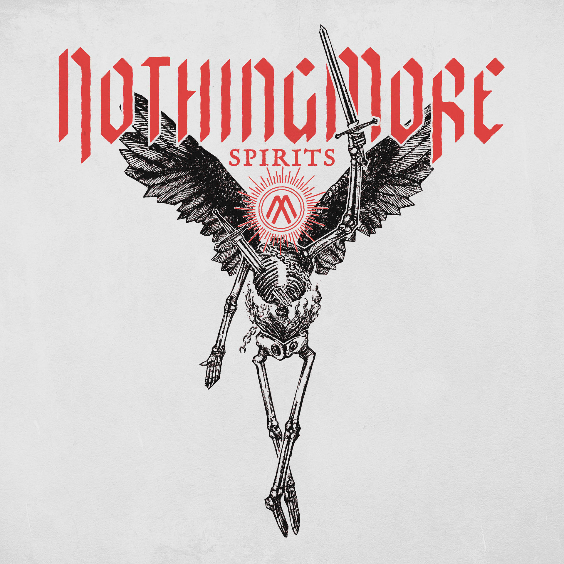 Albumcover. Eine Skelettfigur mit Flügeln und einem Schwert, rote Schriftzüge mit "NOTHING MORE SPIRITS".