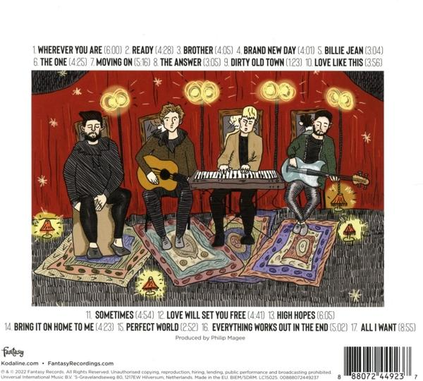 Rückseite einer Musik-CD mit vier Männern, die Instrumente spielen.