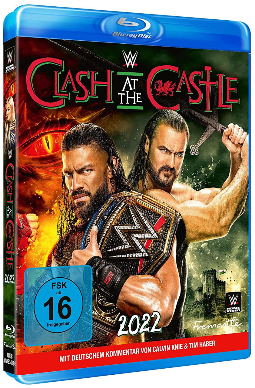 Blu-ray-Disc-Cover: Wrestler mit Championship-Gürteln, Titel „Clash at the Castle“, Bewertung ist FSK 16.