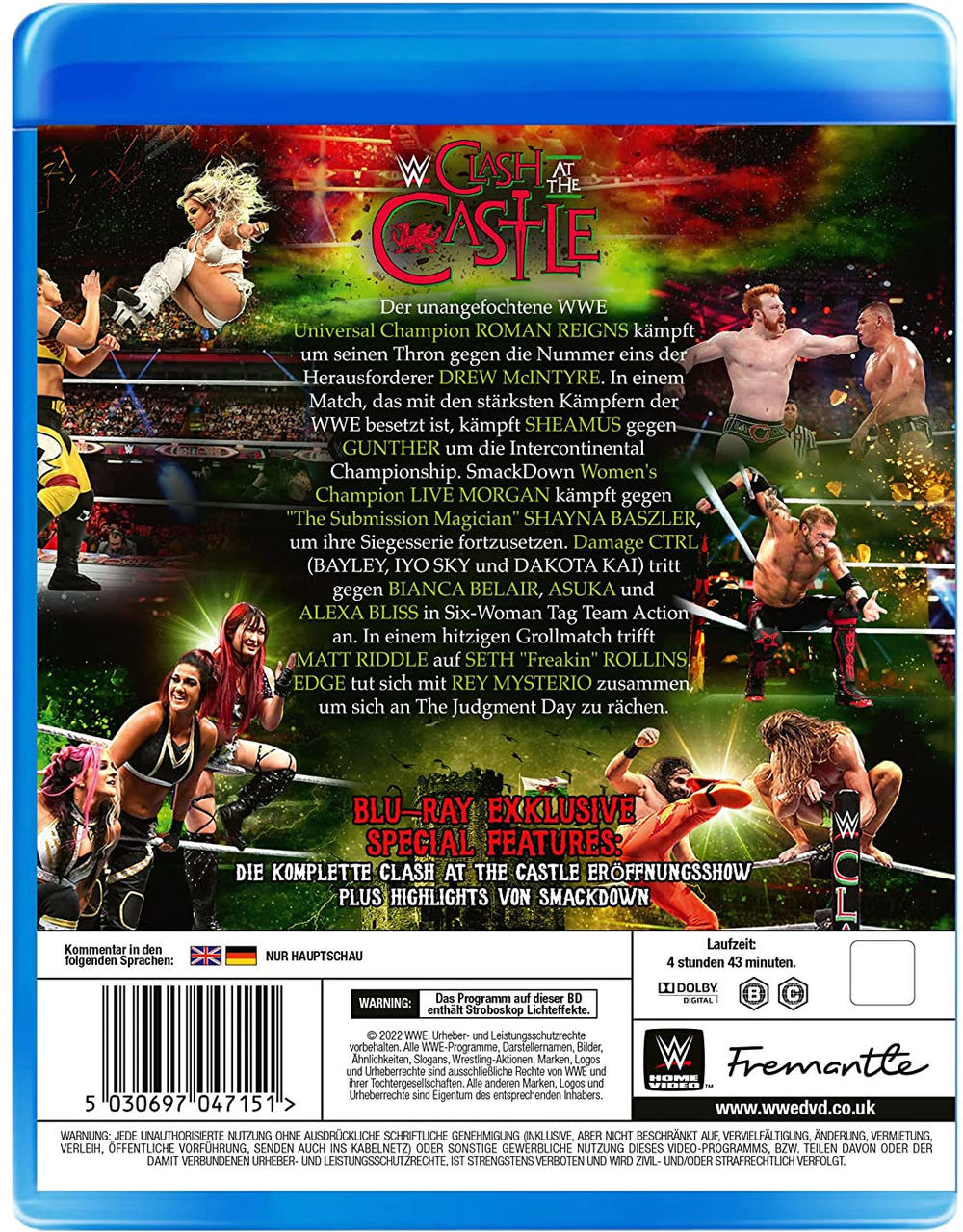 Rückseite einer WWE Blu-ray Disc Hülle mit Wrestling-Match-Bildern und Text auf Deutsch.
