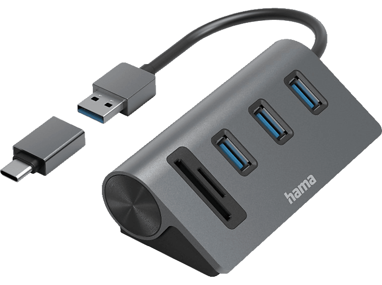 HAMA 5 Ports, 3x USB-A, SD, microSD, USB-Hub / Kartenleser, Anthrazit/Schwarz