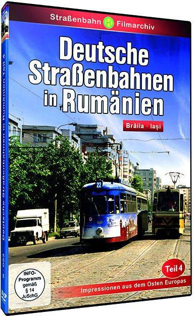 DVD-Hülle mit einem Foto von Straßenbahnen auf der Straße und Text auf Deutsch über Straßenbahnen in Rumänien.