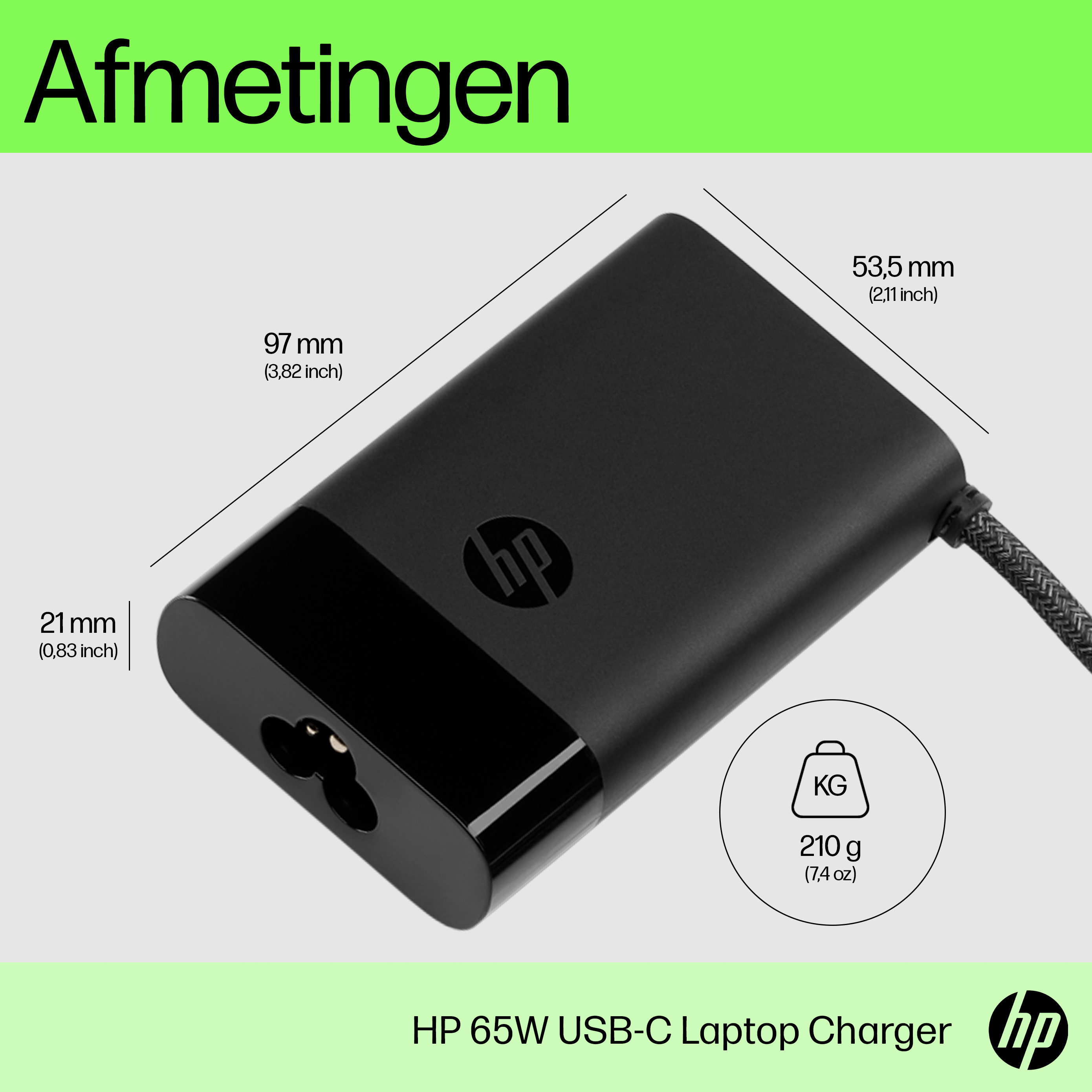 Black HP laptop charger with dimensions and weight information.
