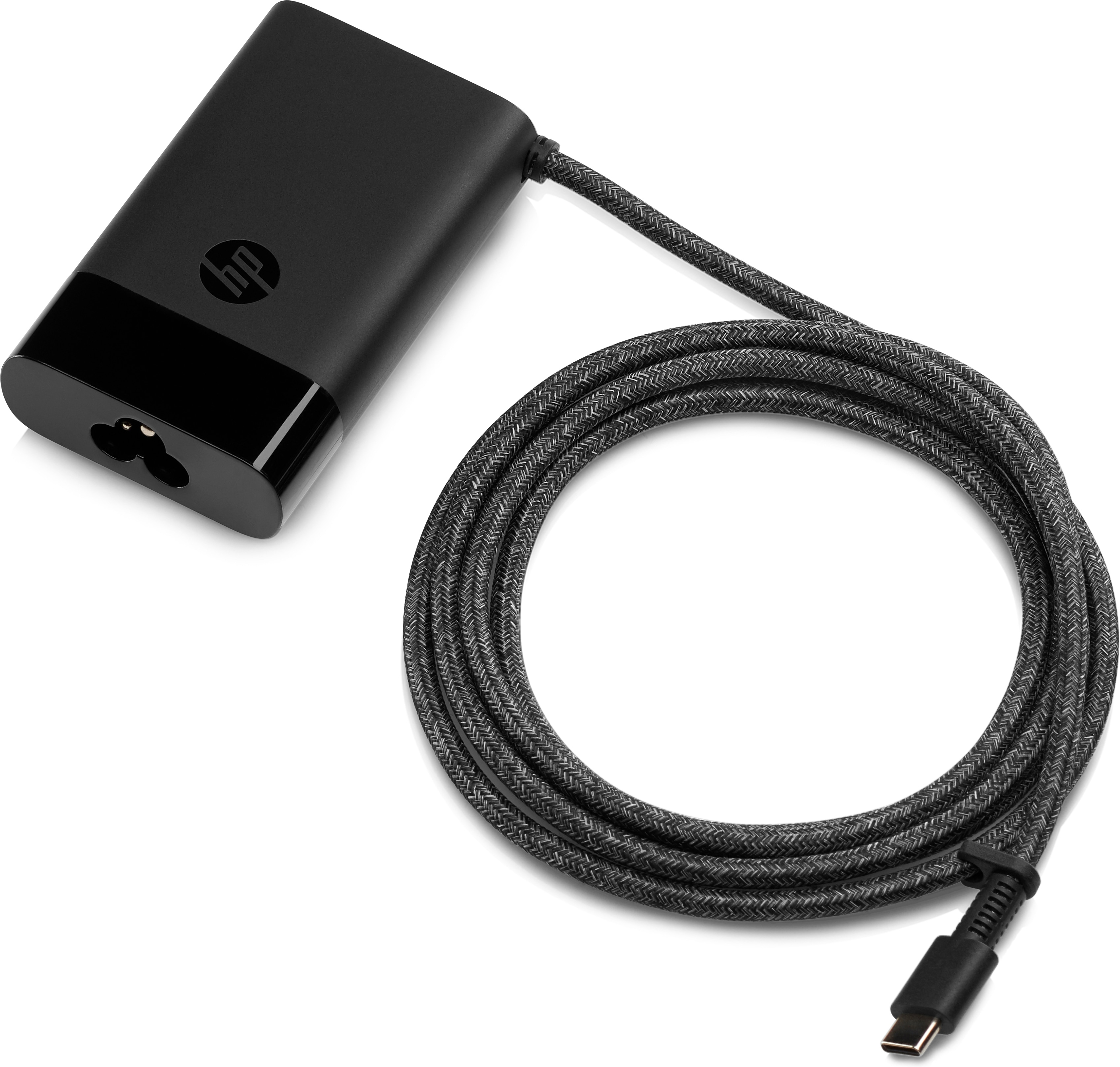 Black HP laptop charger with a braided cable. USB-C end. HP logo on the charger.