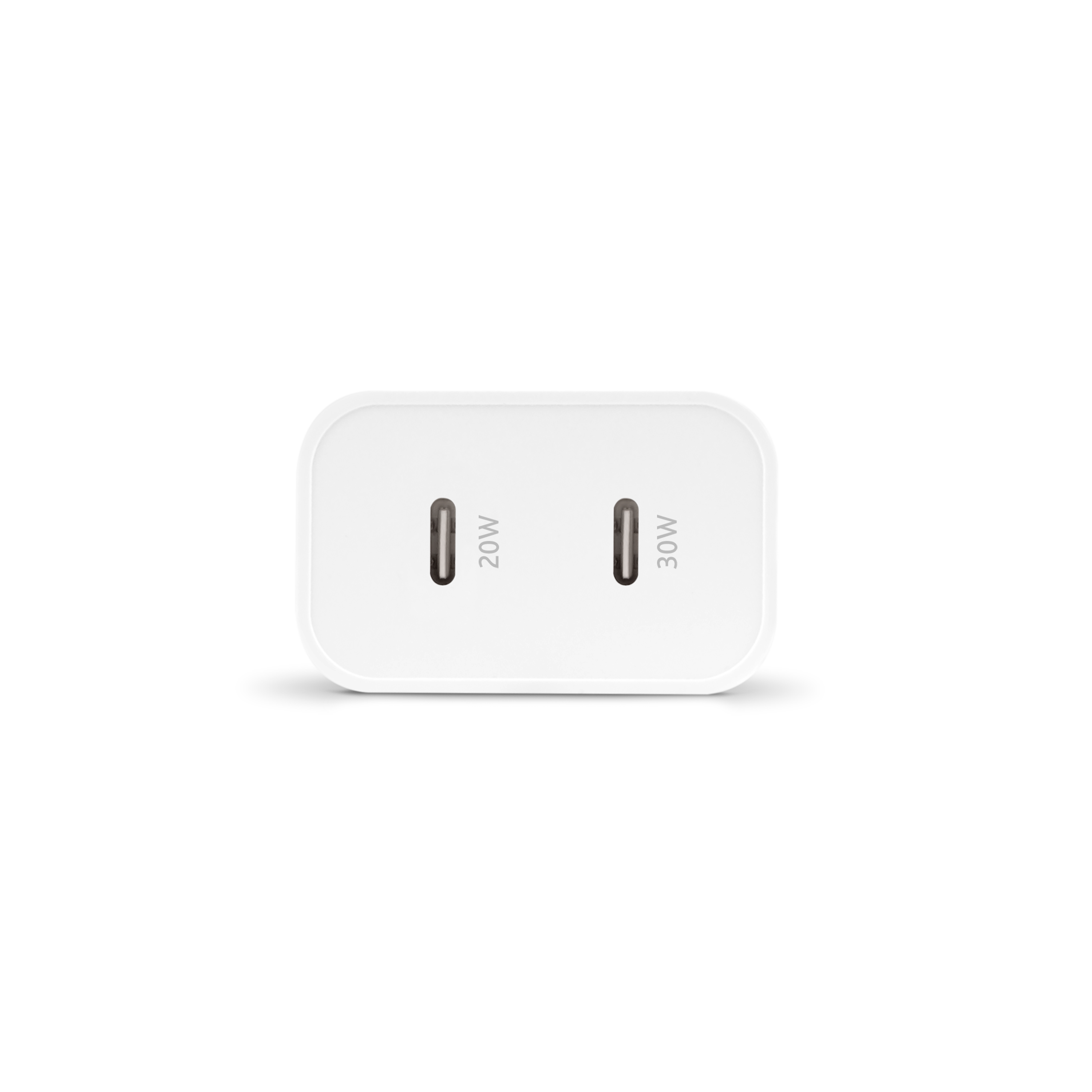 İki USB-C bağlantı noktasına sahip beyaz bir güç adaptörü.
