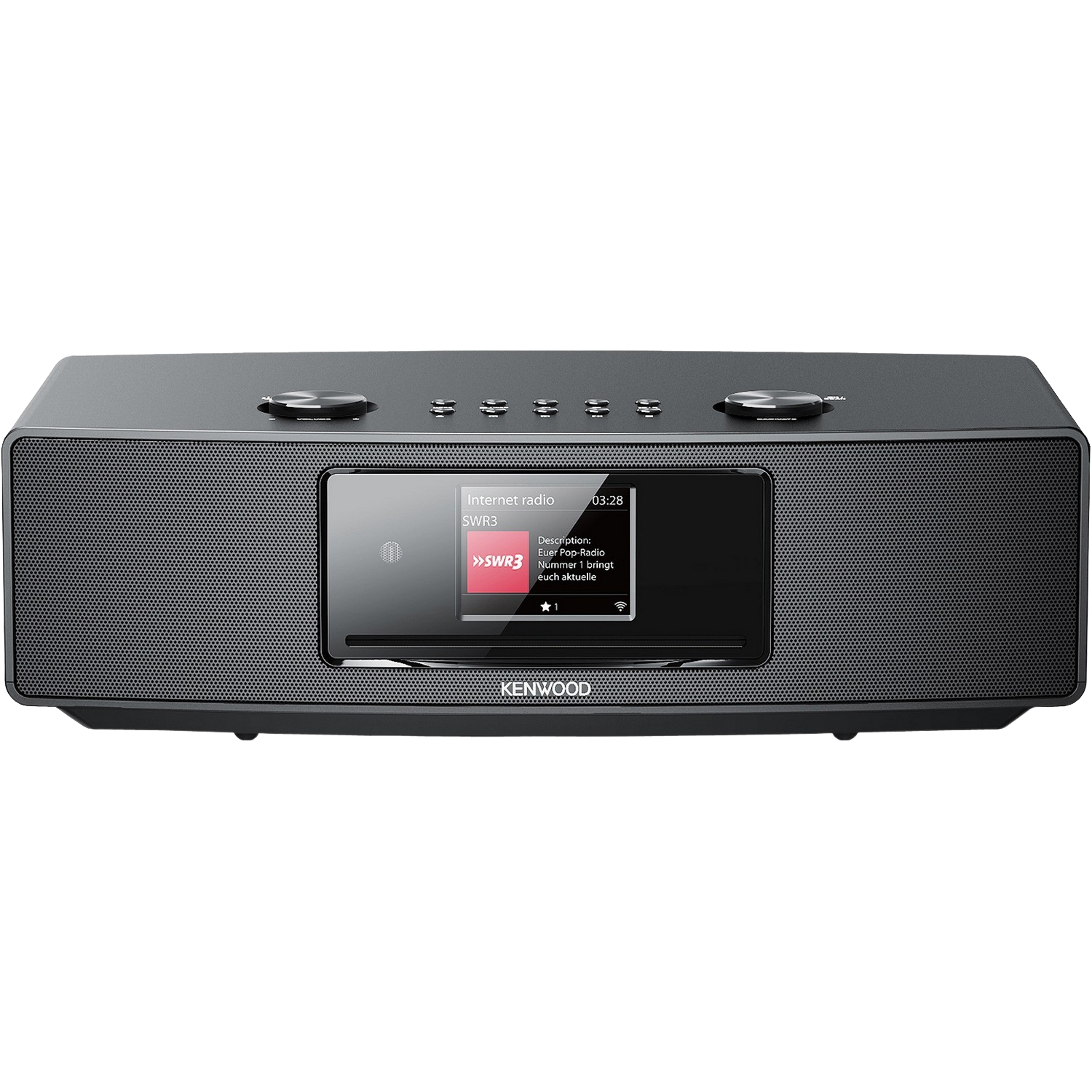 Black Kenwood internet radio with a screen displaying radio info. Silver knobs and buttons are visible.