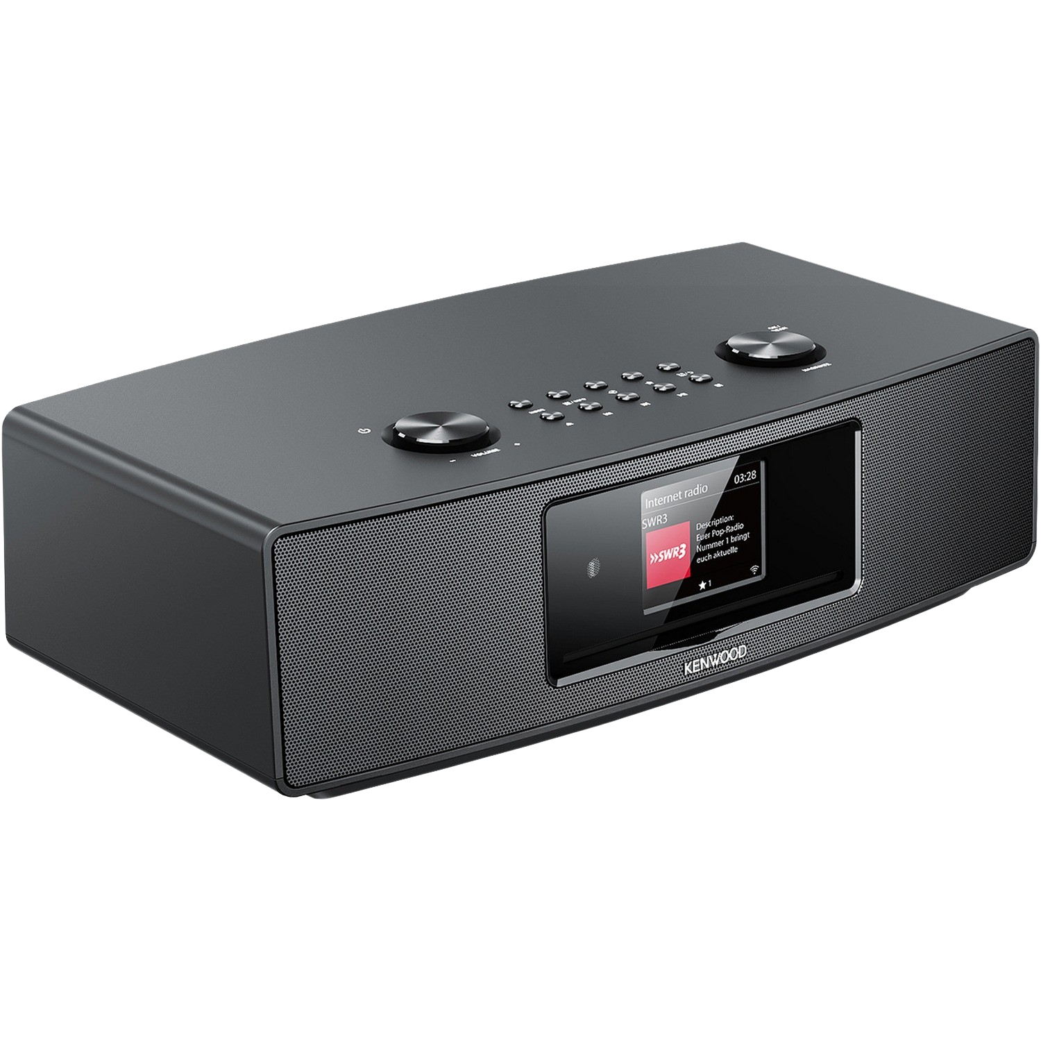 A black radio with a screen, buttons, and the Kenwood logo.