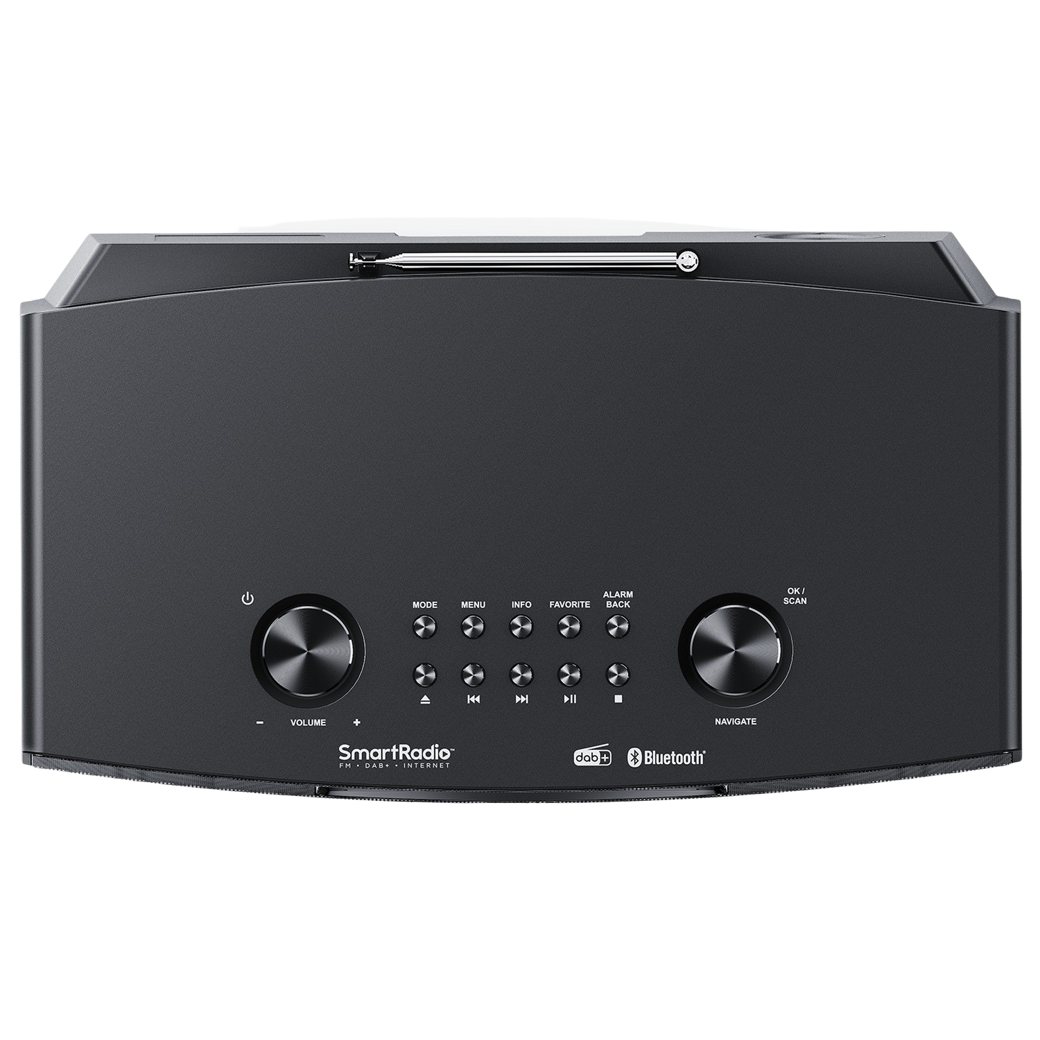 Black radio with buttons, volume and navigation knobs, and an antenna. Features a display.