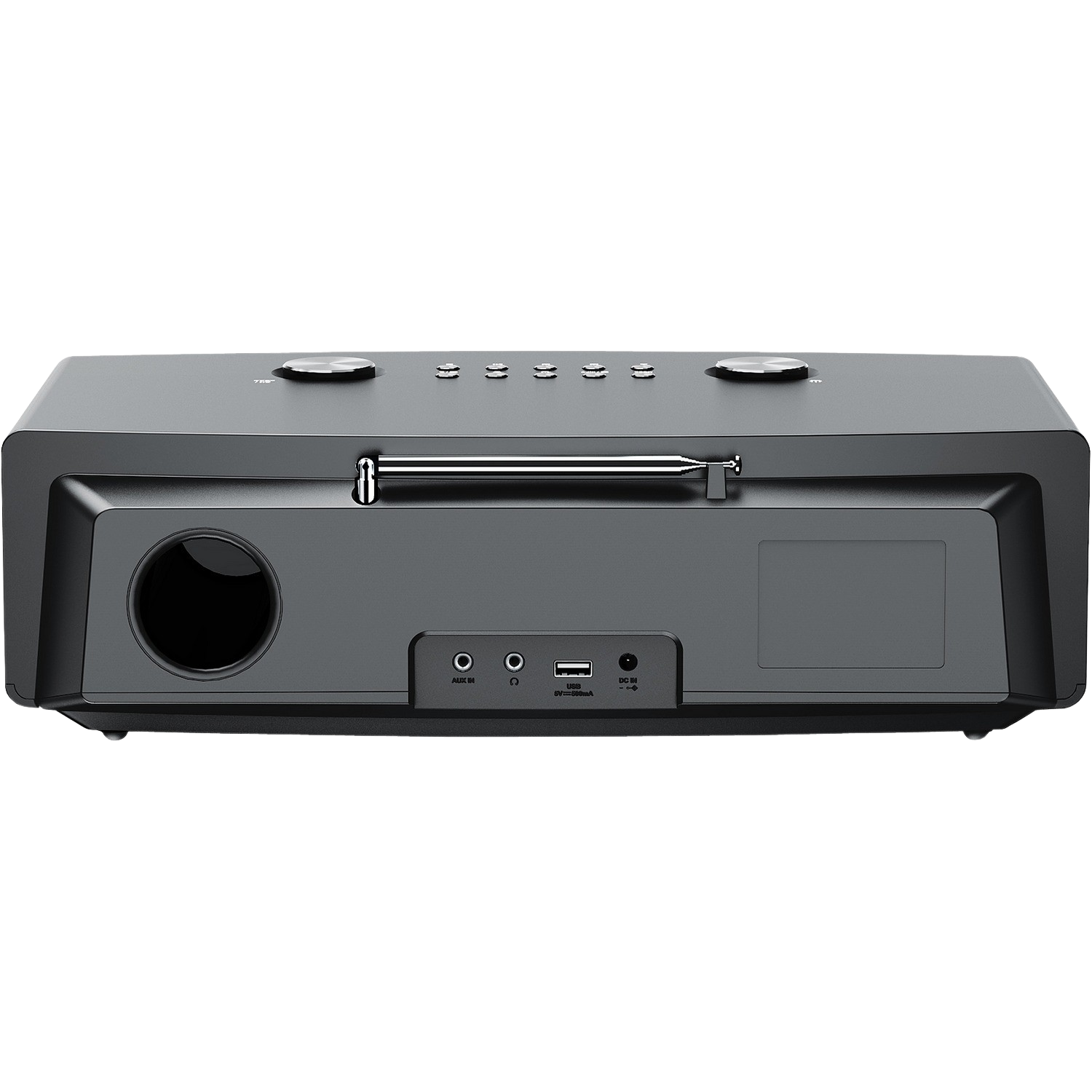 Black radio with buttons, a speaker, and input ports, on a black background.
