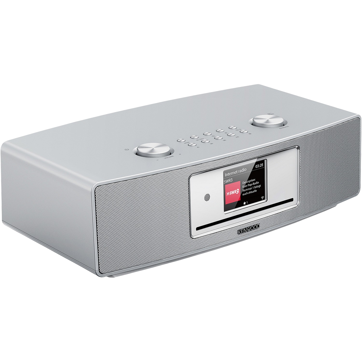 Silver Kenwood internet radio with screen and controls.