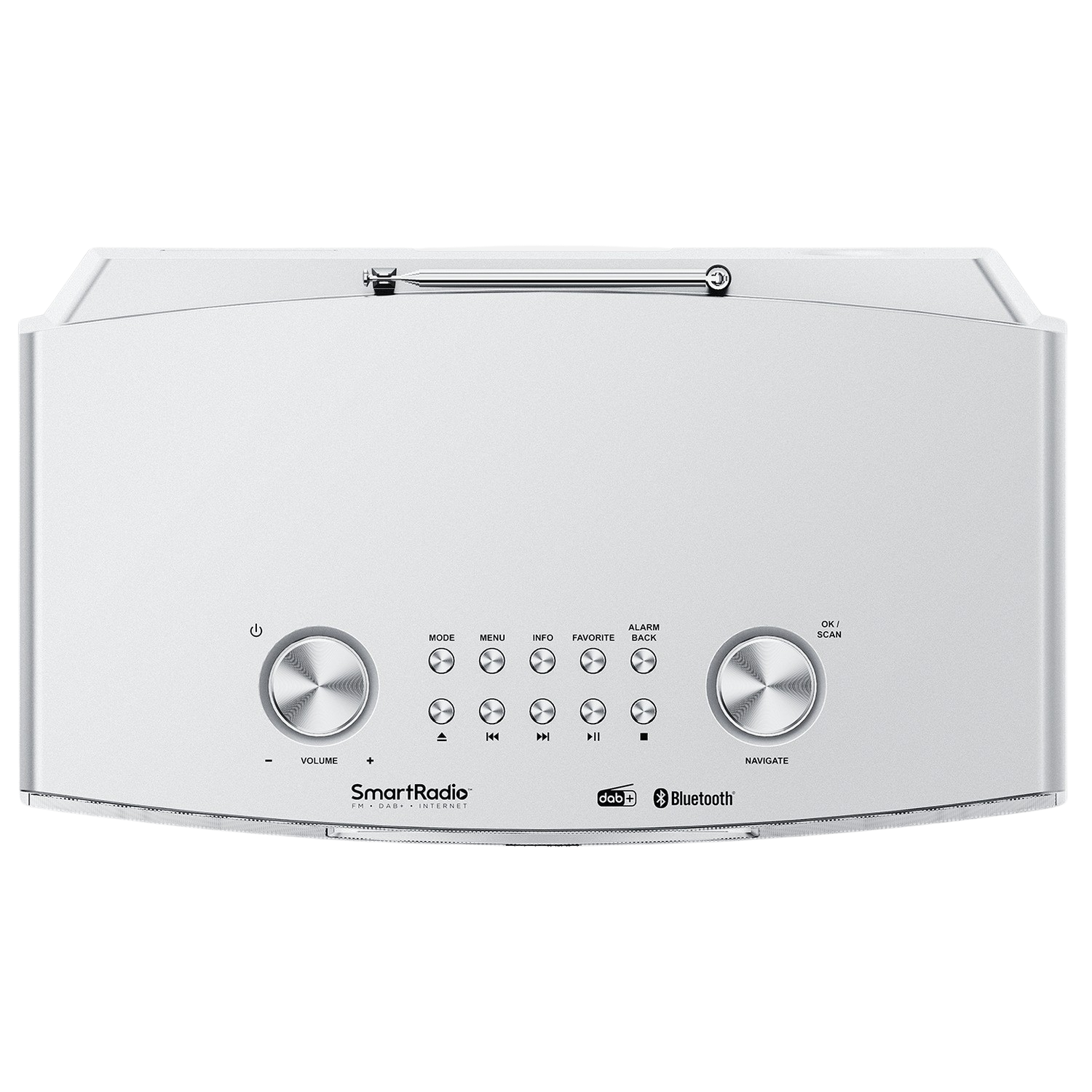 A white SmartRadio with buttons. The background is white.