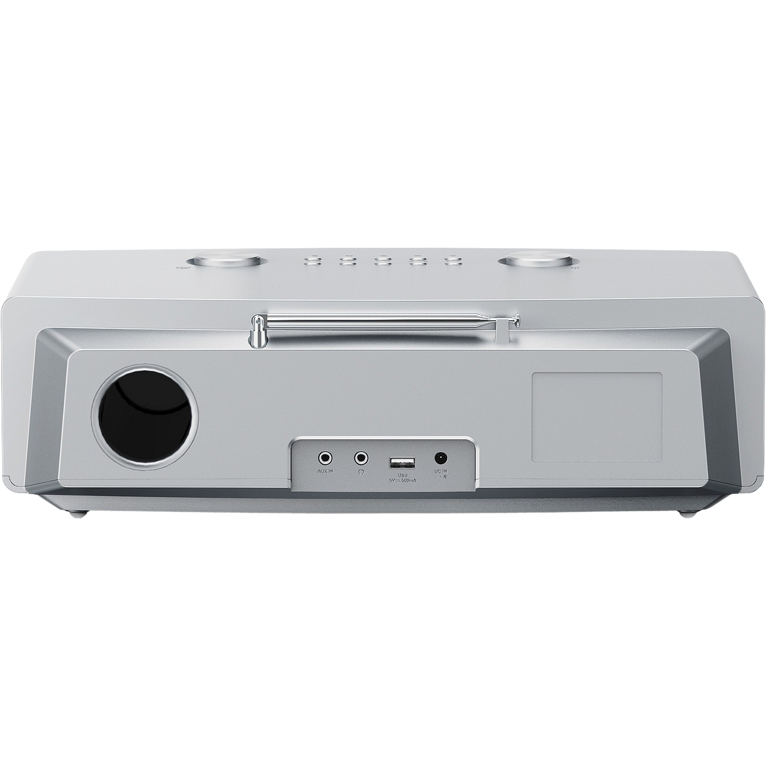 A silver stereo with a radio antenna, ports, and buttons, on a black background.