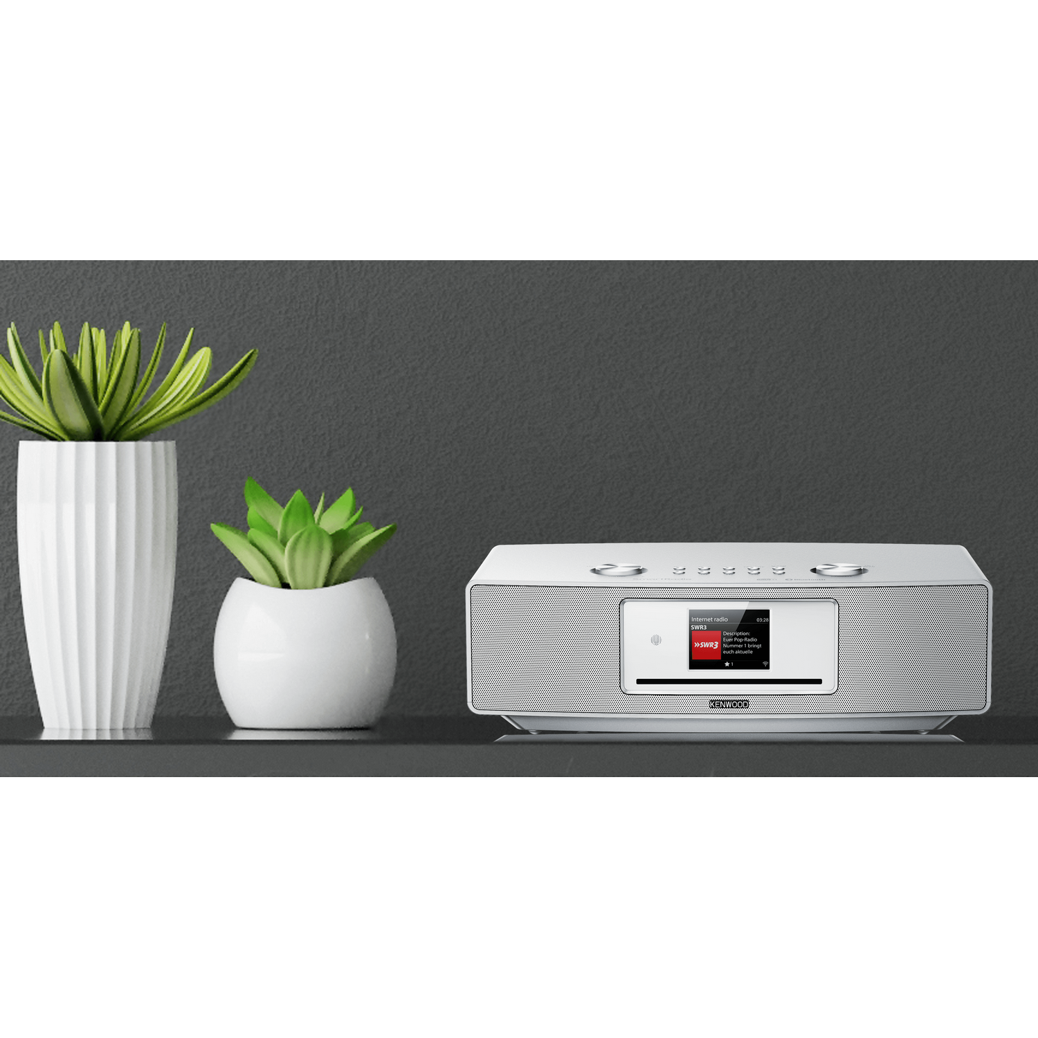 White radio with a screen on a shelf. Two plants in white pots are beside it.