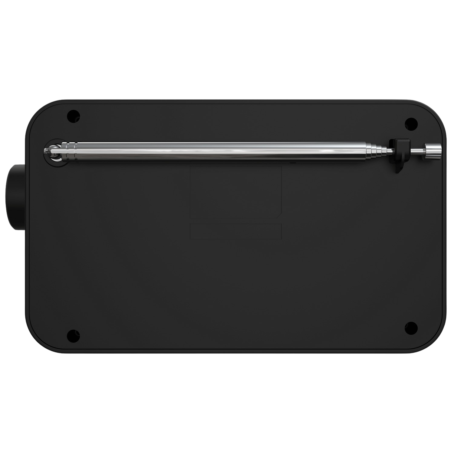 Black radio with an antenna extended. The radio is rectangular with a circular dial on the side.