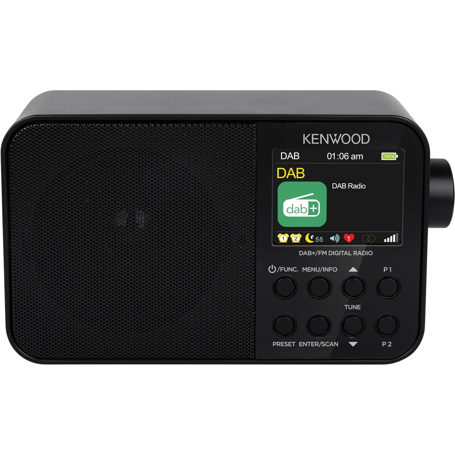 Black Kenwood DAB radio with a screen, buttons, and a tuning knob.