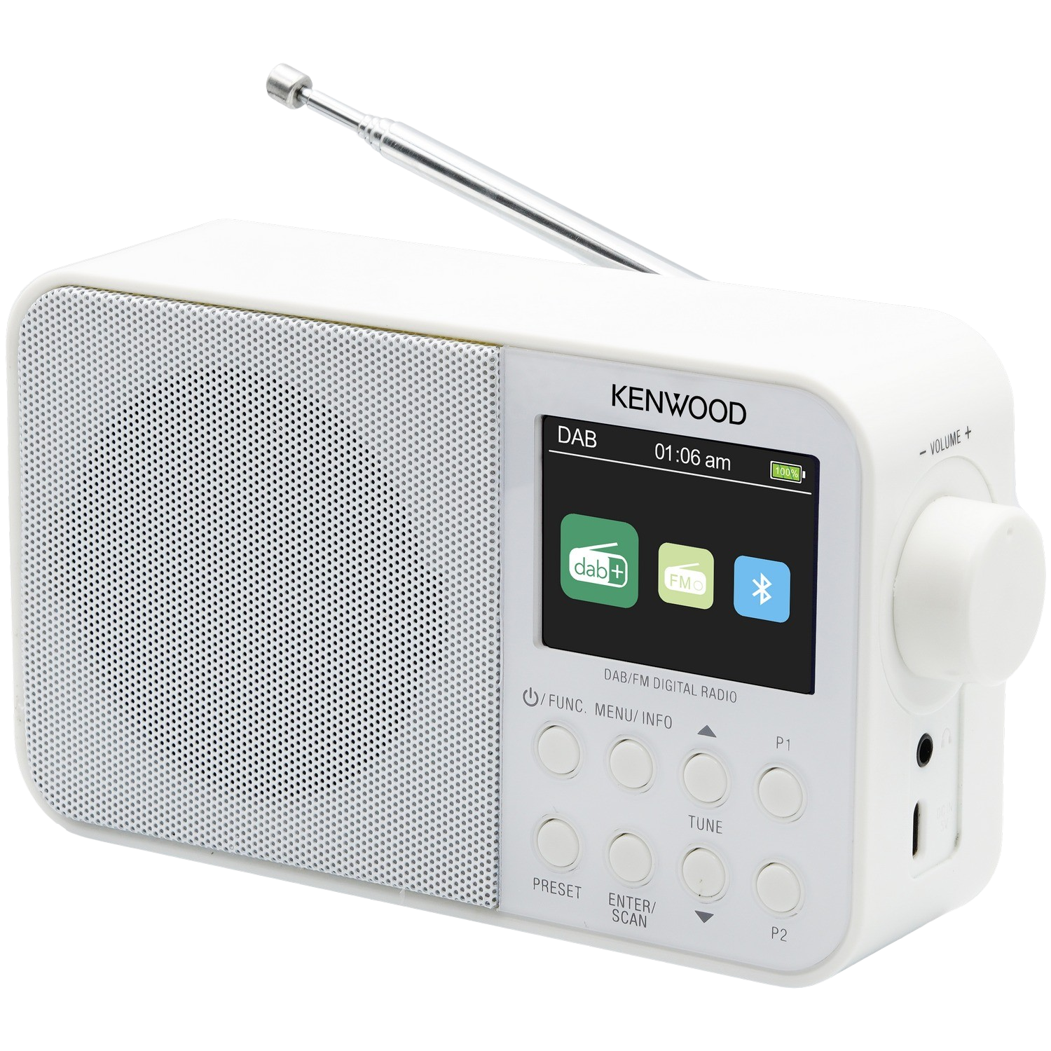 Witte Kenwood DAB-radio, met scherm, antenne en knoppen. Het is wit met zwarte tekst.