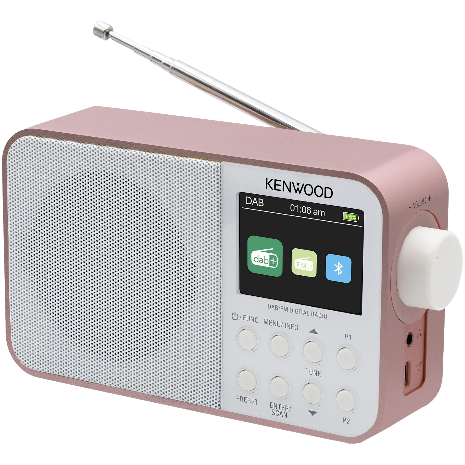 Pink Kenwood DAB digital radio with screen and buttons.