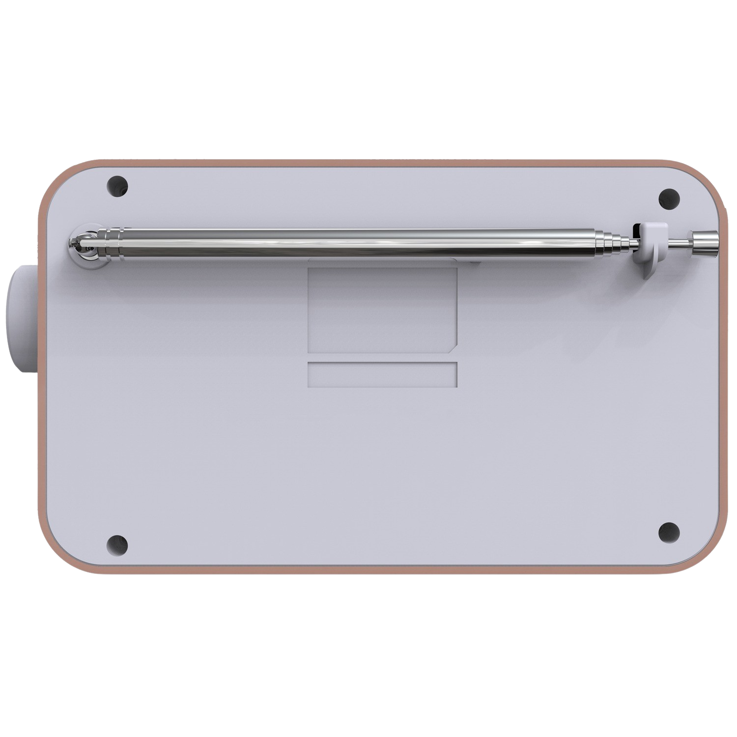 Top view of a radio. It's white with a pink side. A silver antenna is on top.