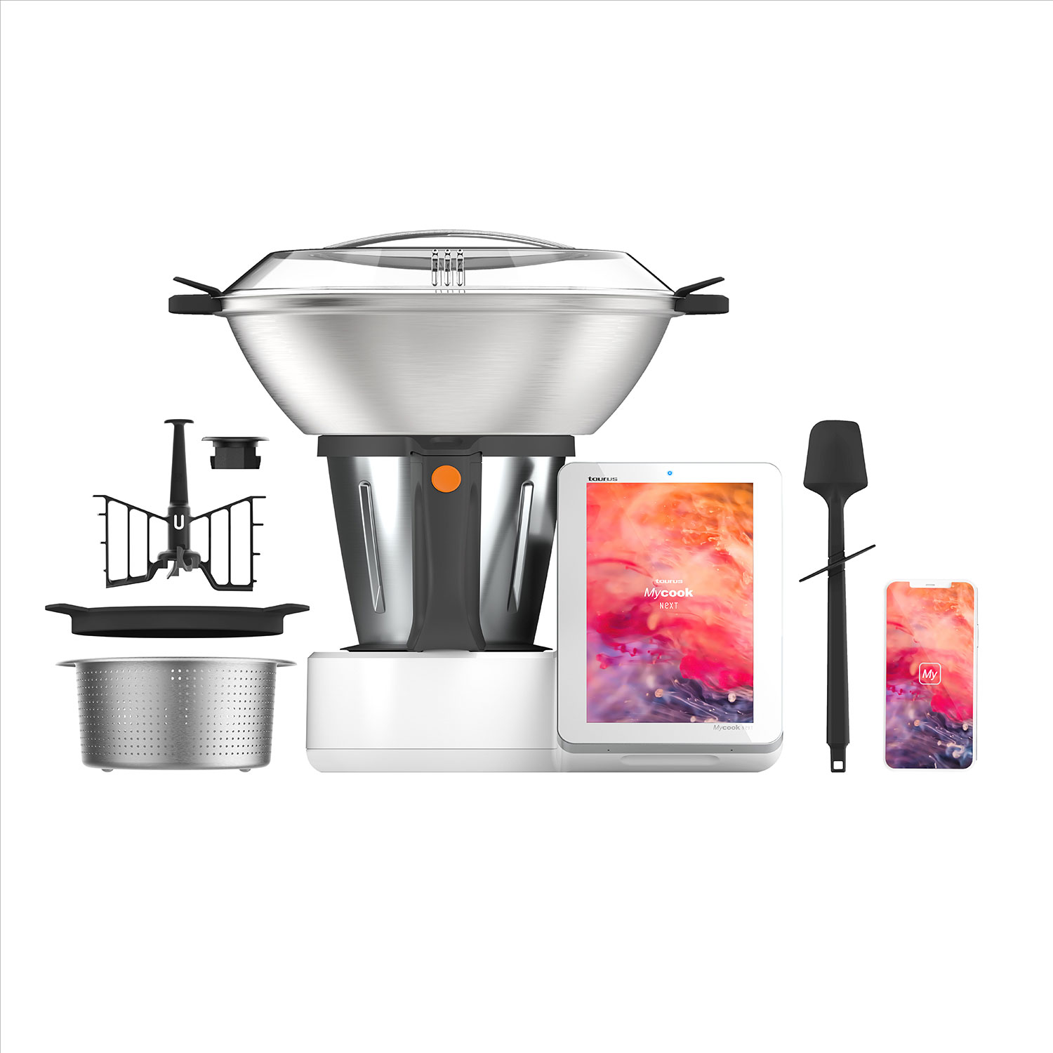 Electrodoméstico de cocina blanco y plateado con accesorios, cuchara negra y tableta.