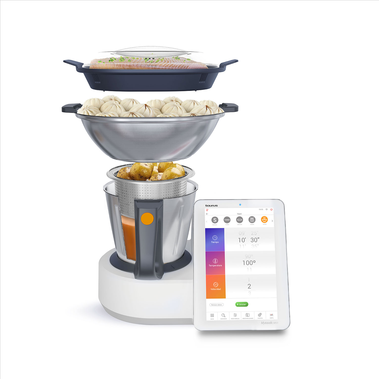 Vaporera con alimentos y una tableta.