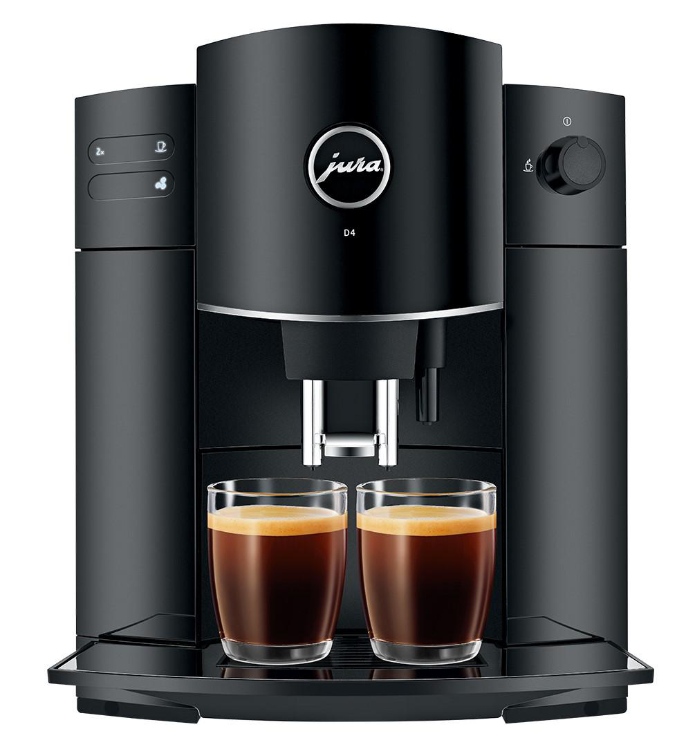 Schwarze Jura D4 Kaffeemaschine mit zwei Gläsern Espresso auf einem Tablett. Der Hintergrund ist weiß.