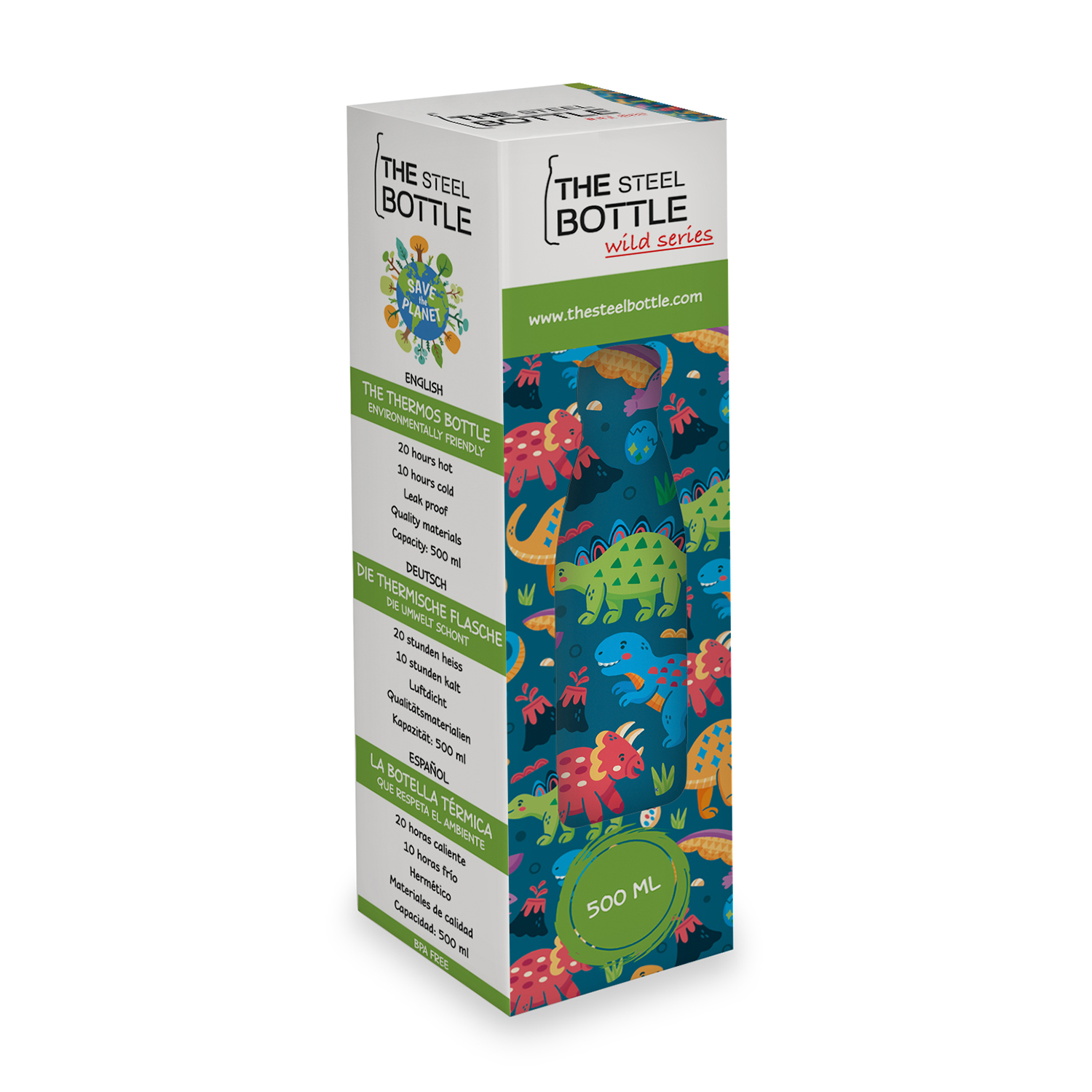 Scatola di The Steel Bottle, con dinosauri, testo e etichetta da 500 ml.