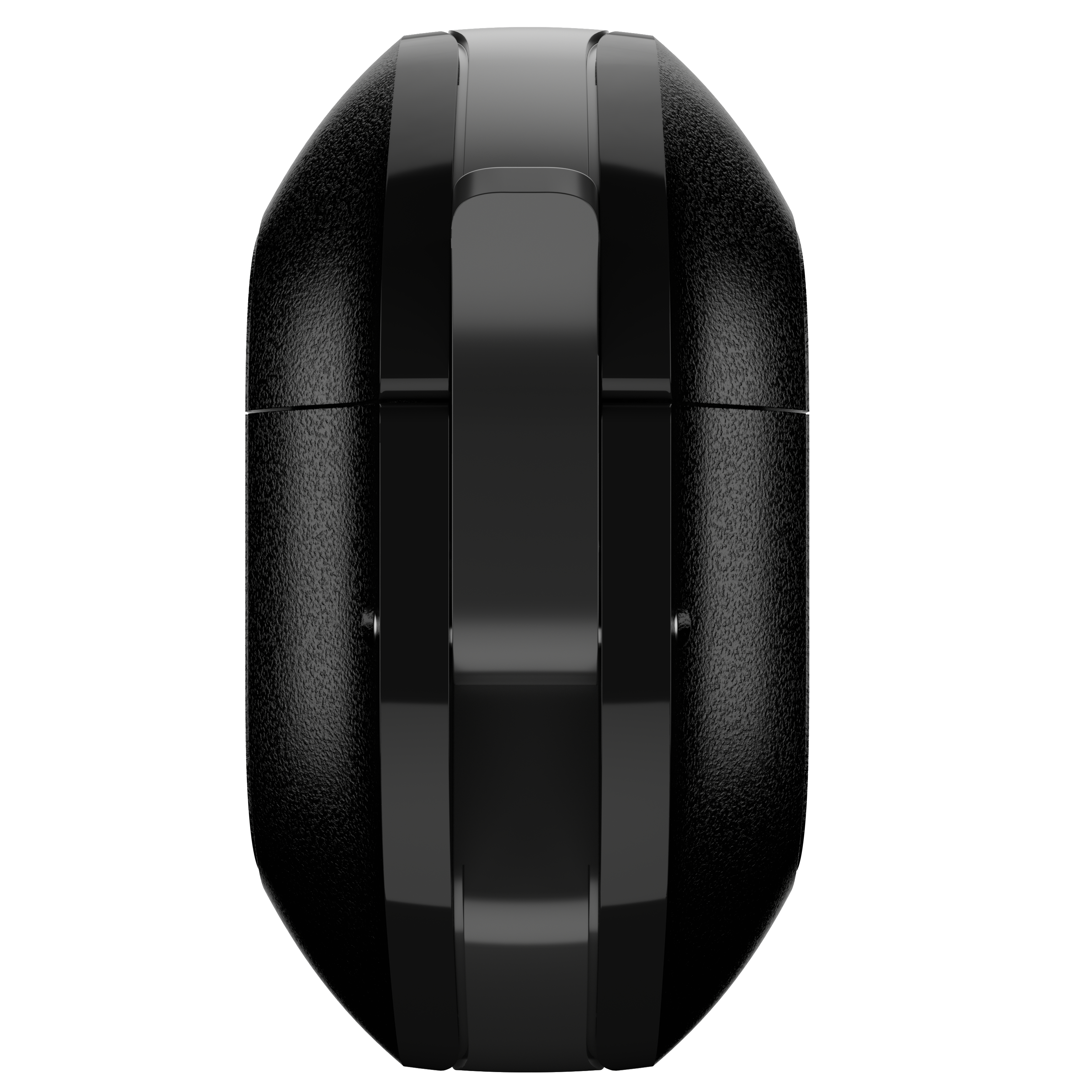 Eine schwarze, strukturierte Ohrhörerhülle mit glatter, reflektierender Oberseite.