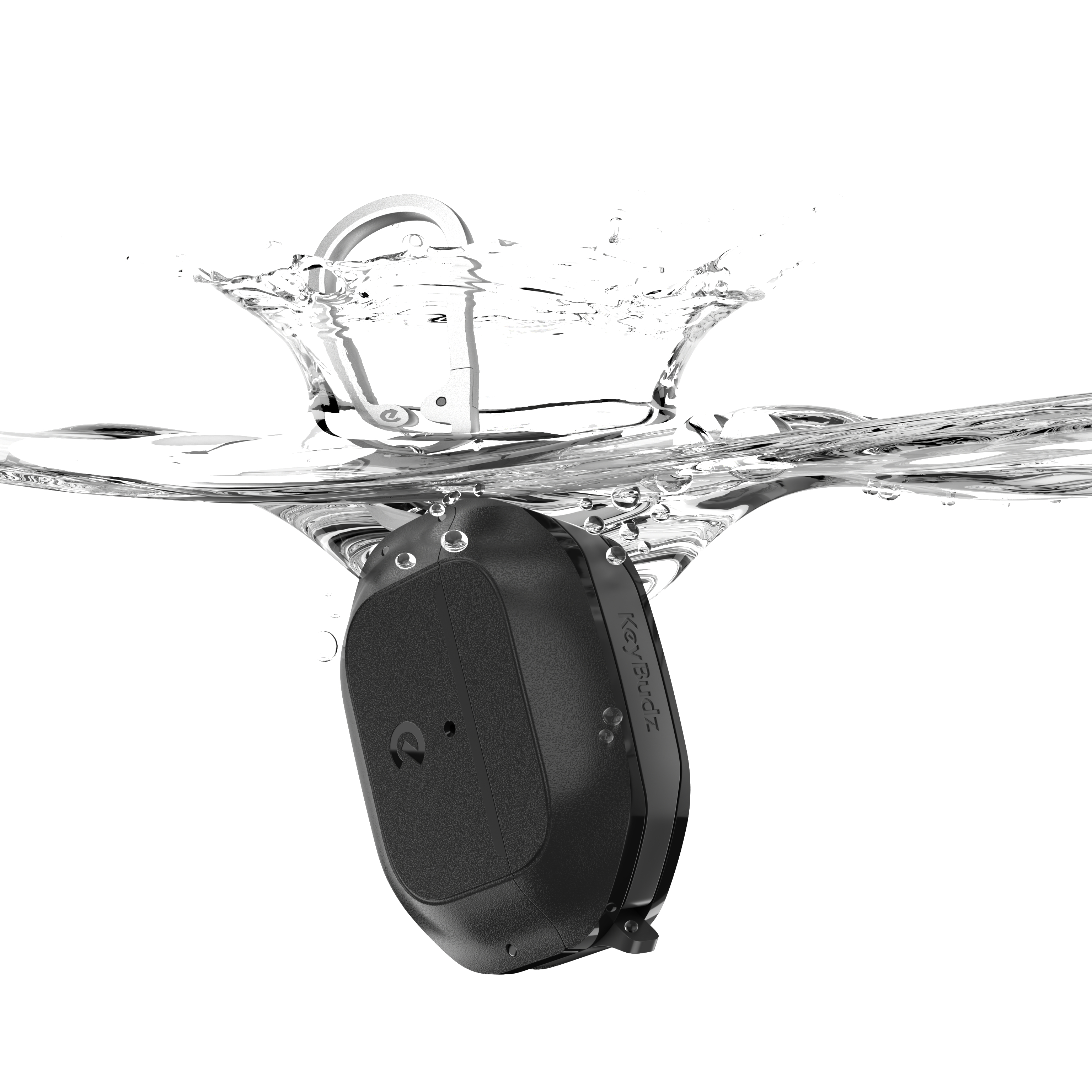 Ein schwarzes KeyBudz-Gerät unter Wasser, mit Spritzern und weißem Hintergrund.