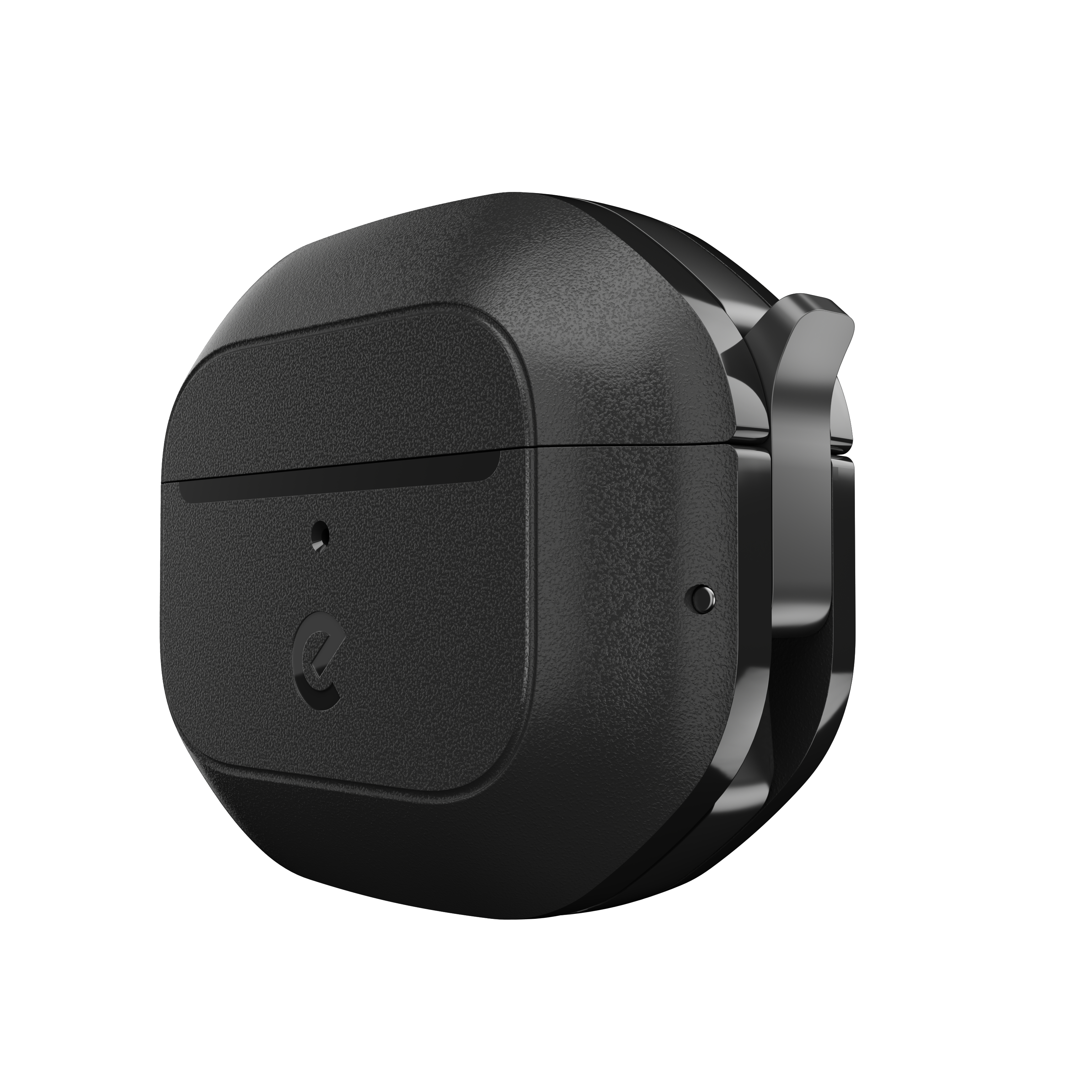 Schwarzes AirPods-Etui. Es ist schwarz und hat ein Scharnier und eine kleine Schlaufe für einen Riemen.