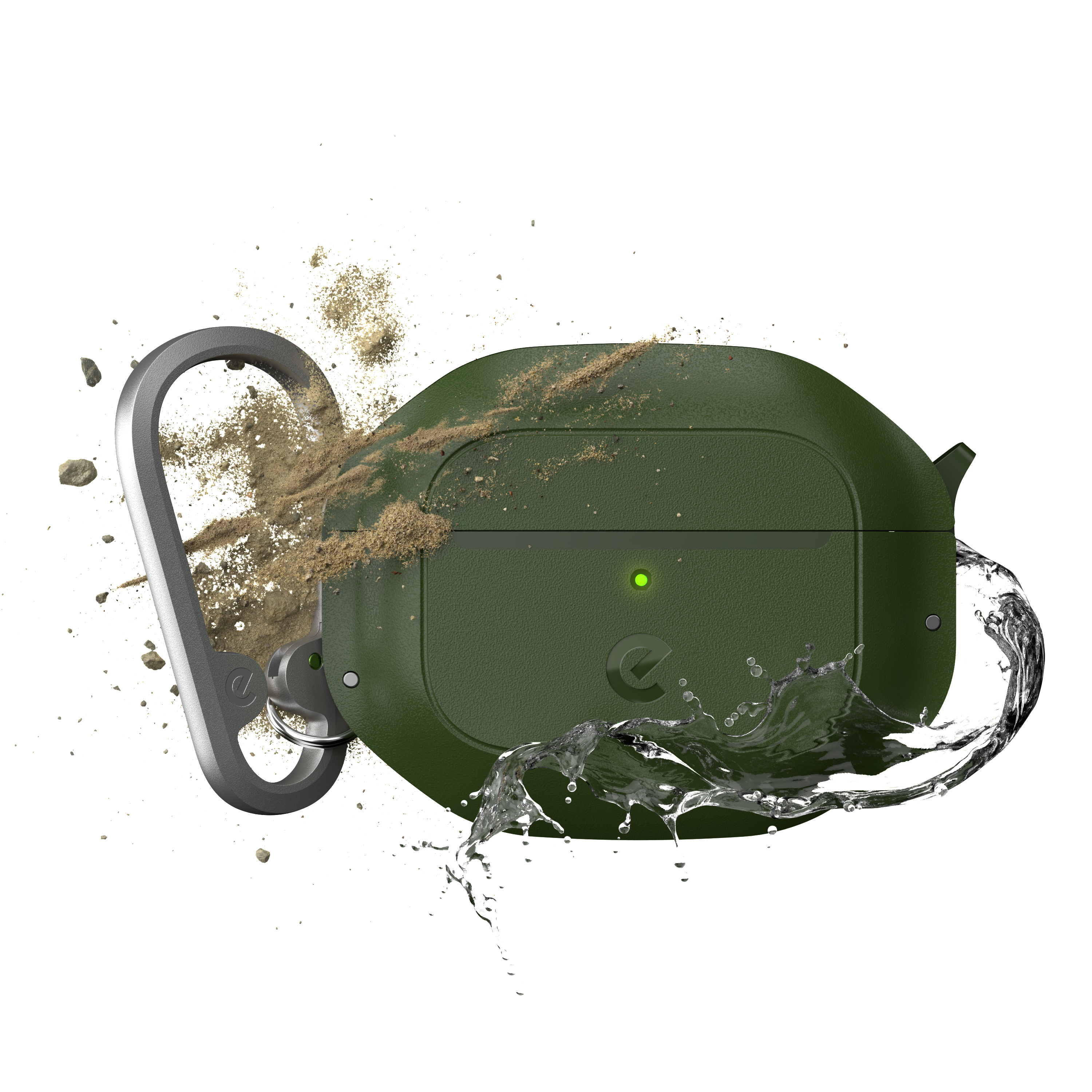 Grünes Kopfhörer-Etui mit silbernem Karabiner, Wasserspritzer, Sandpartikel.