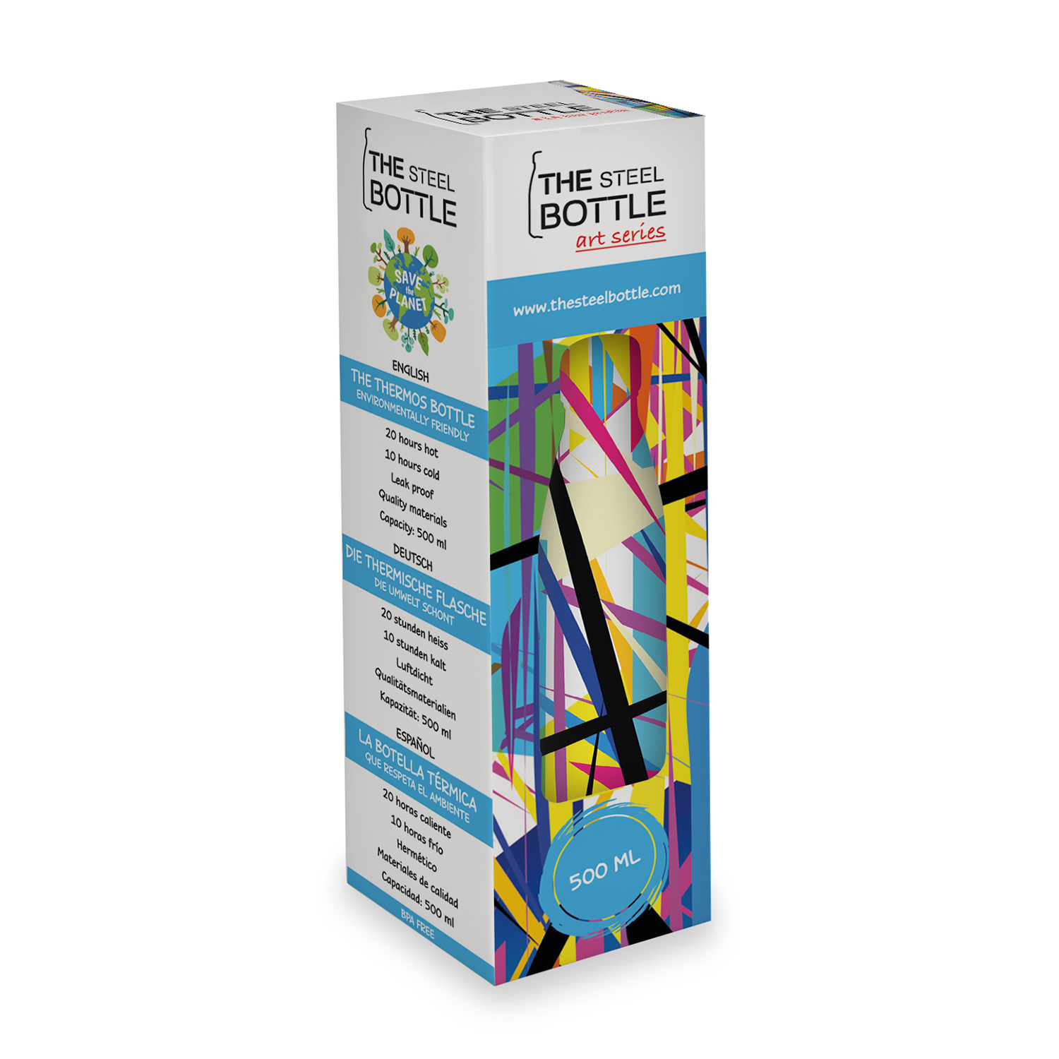 Bottiglia d'acqua con design colorato e testo, su sfondo bianco.