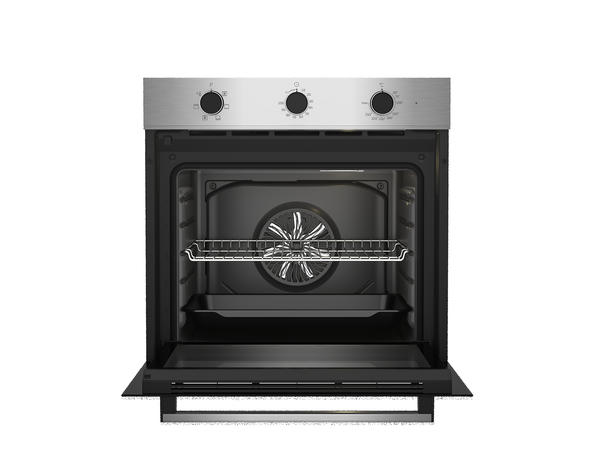 An open oven with a rack and a baking tray inside. Knobs and controls are above the door.