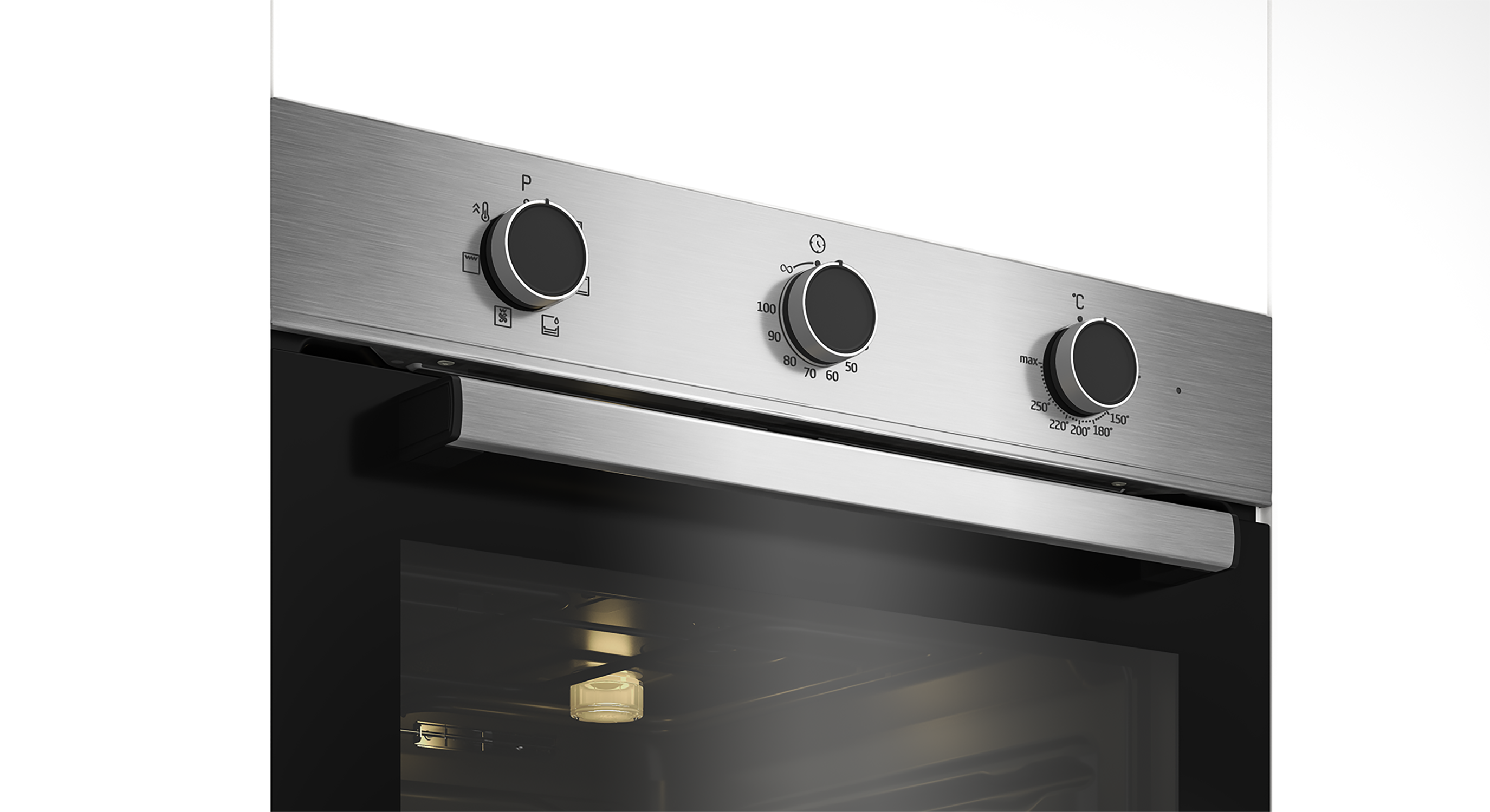 Close-up of an oven control panel with three knobs and a handle below the glass door.