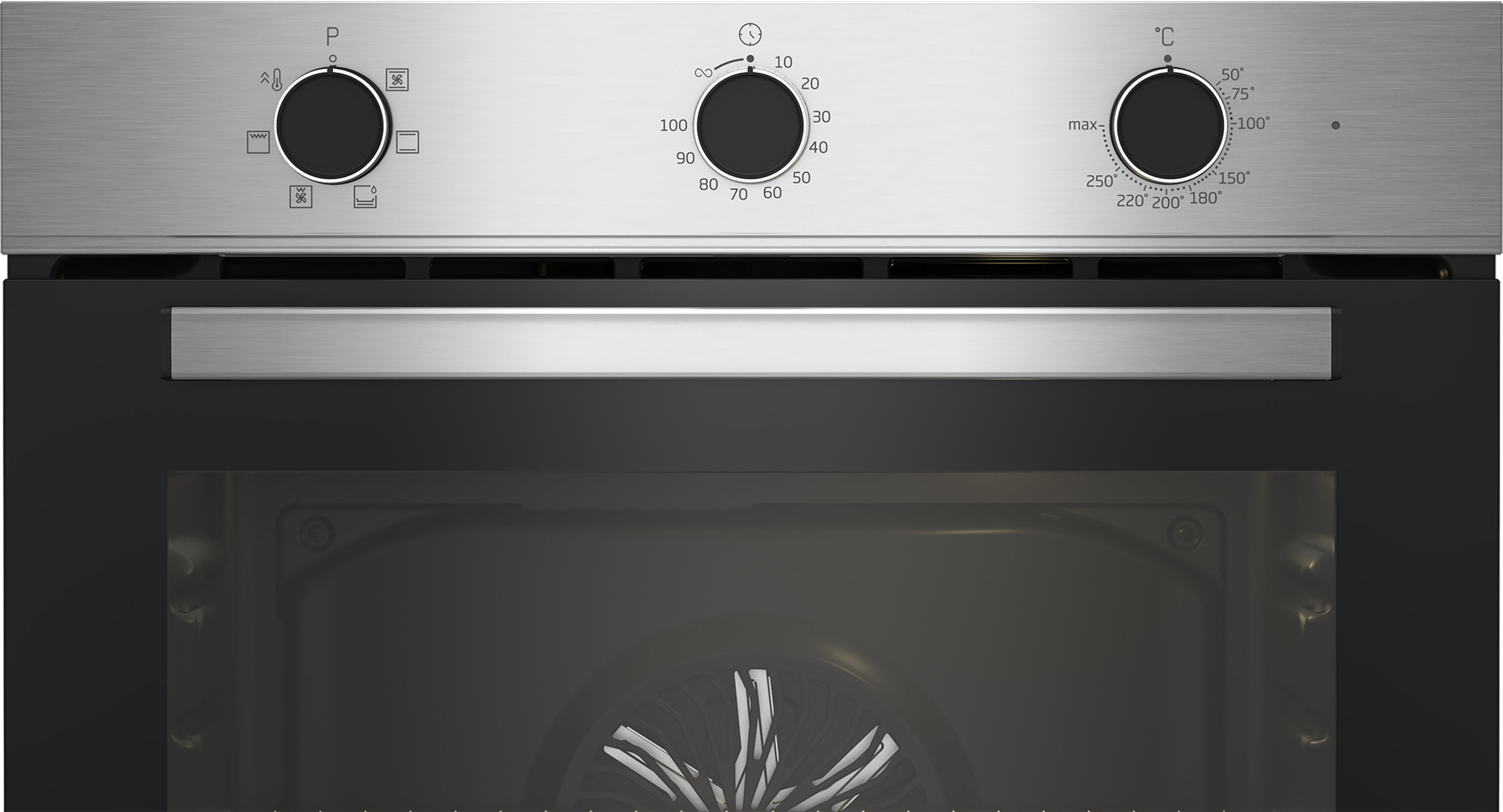 Close-up of an oven control panel with dials for temperature and functions.