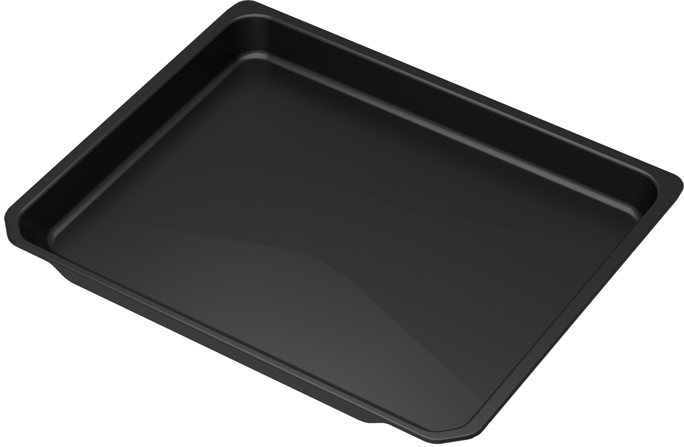 Black oven tray, empty and angled slightly.