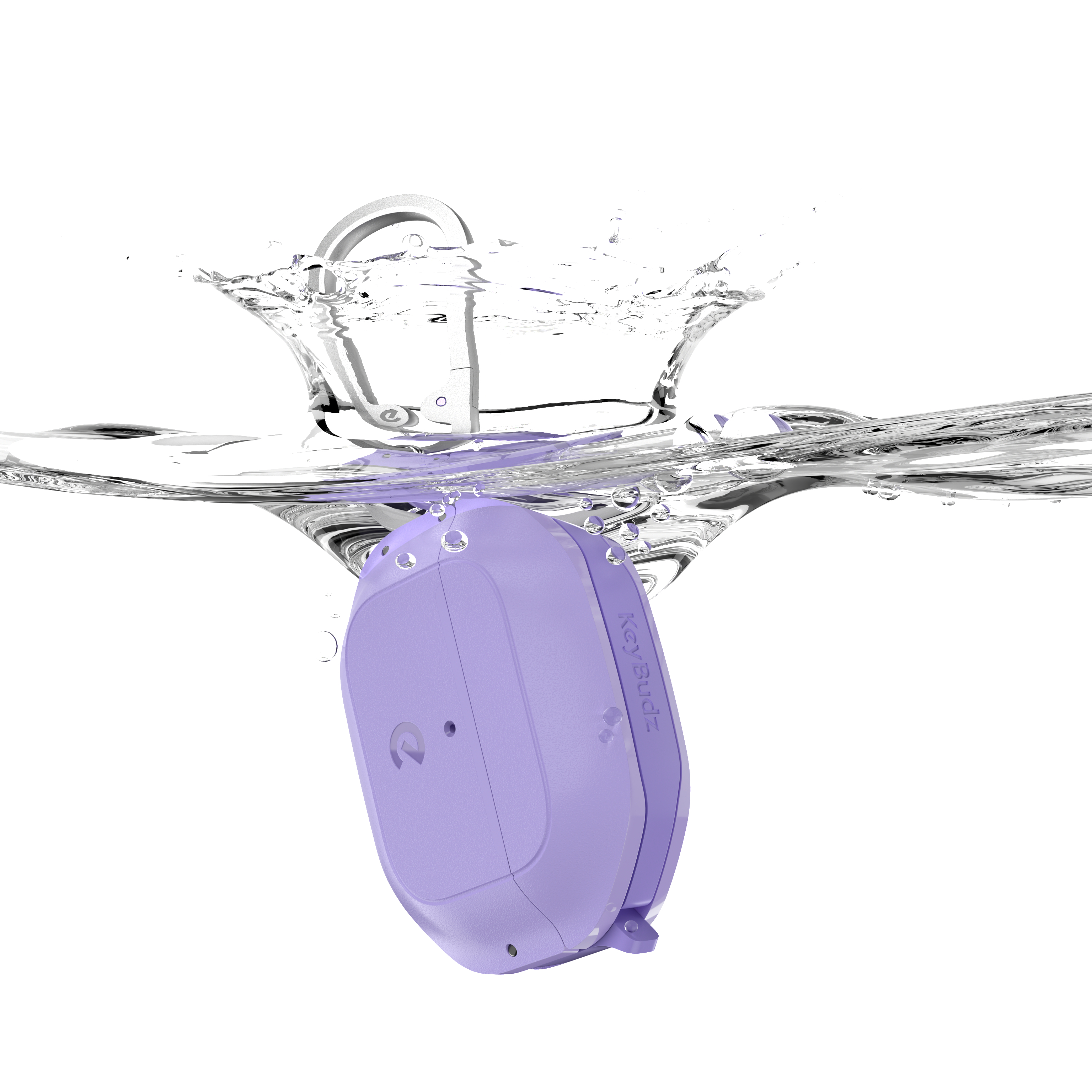 Ein lila Key Budz-Etui ist in klares Wasser eingetaucht und erzeugt einen Spritzer.