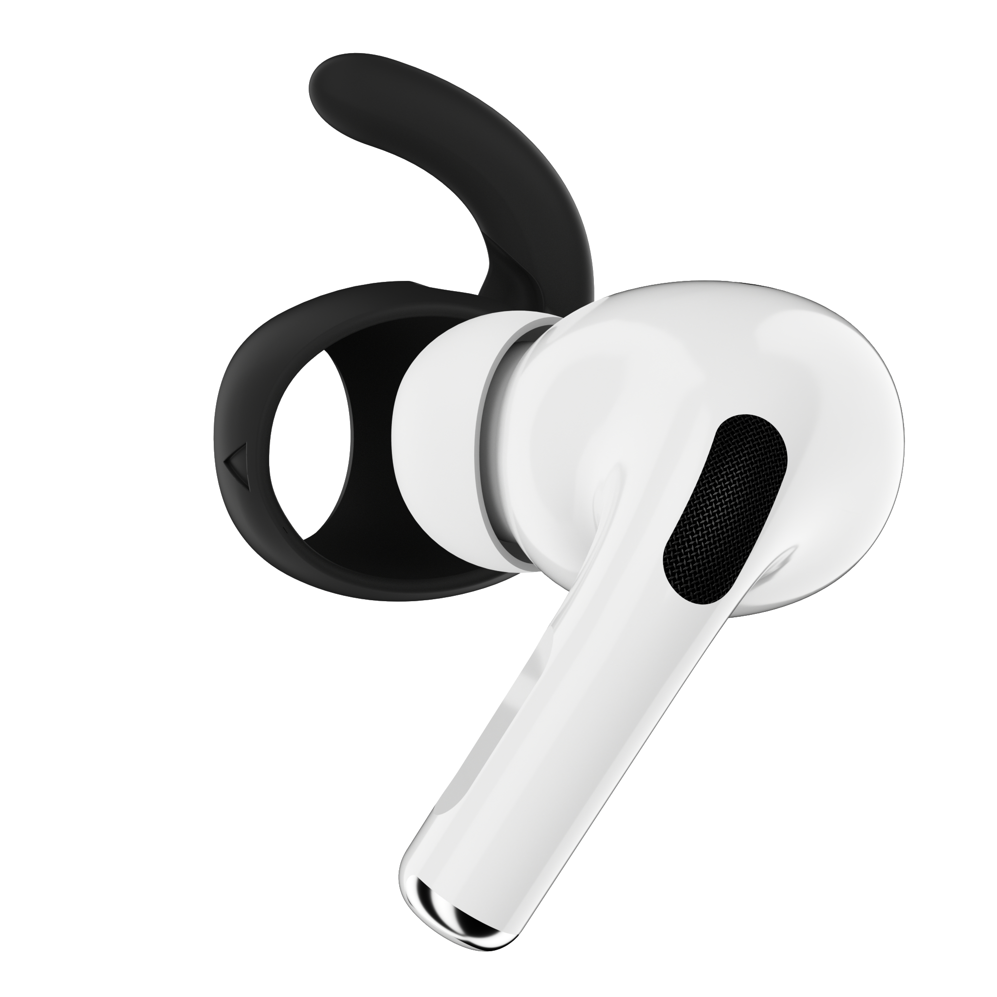 Weiße AirPods mit schwarzen Ohrhaken. Die Haken sind an den Ohrhörern befestigt.