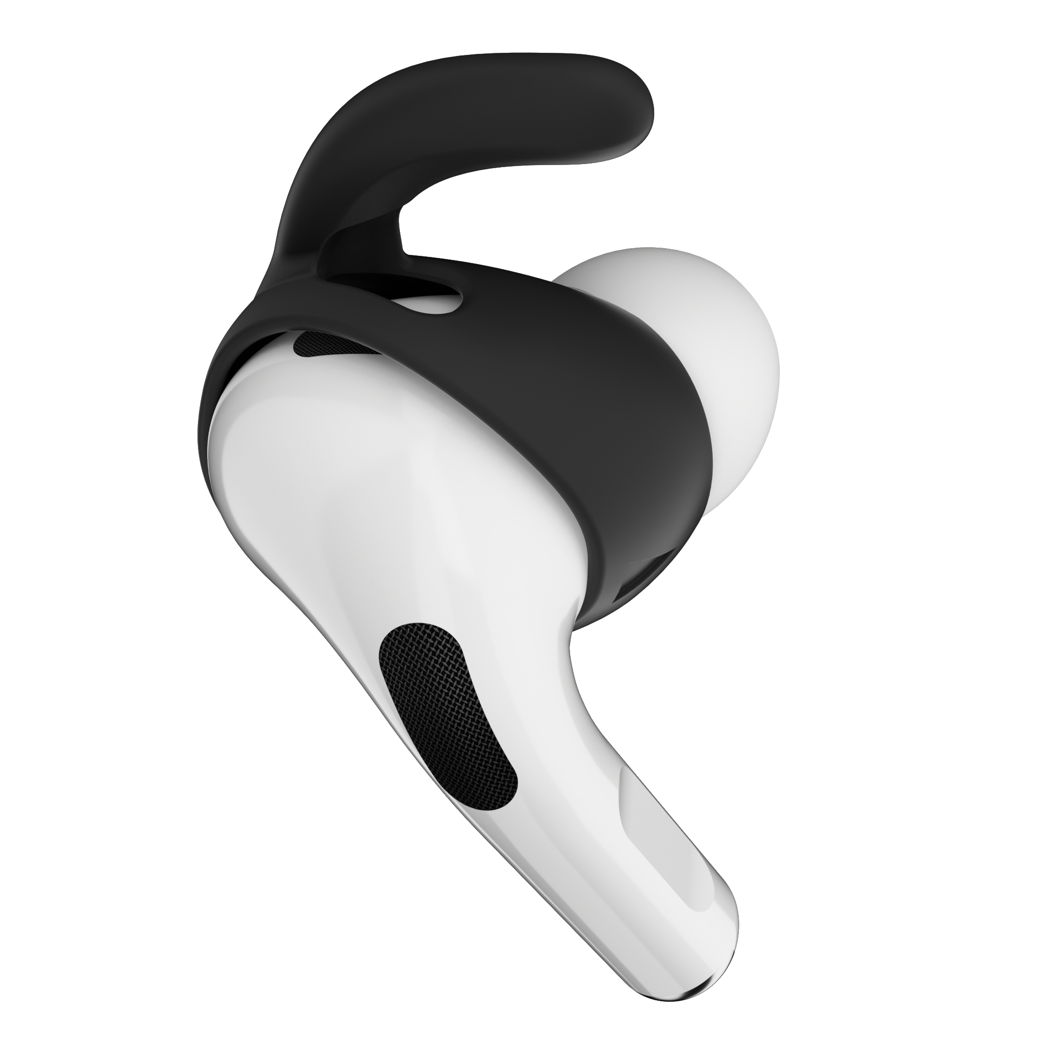 Eine schwarze Silikon-Ohrhörerabdeckung auf einem weißen Ohrhörer. Die Abdeckung hat ein gebogenes Haken-Design.