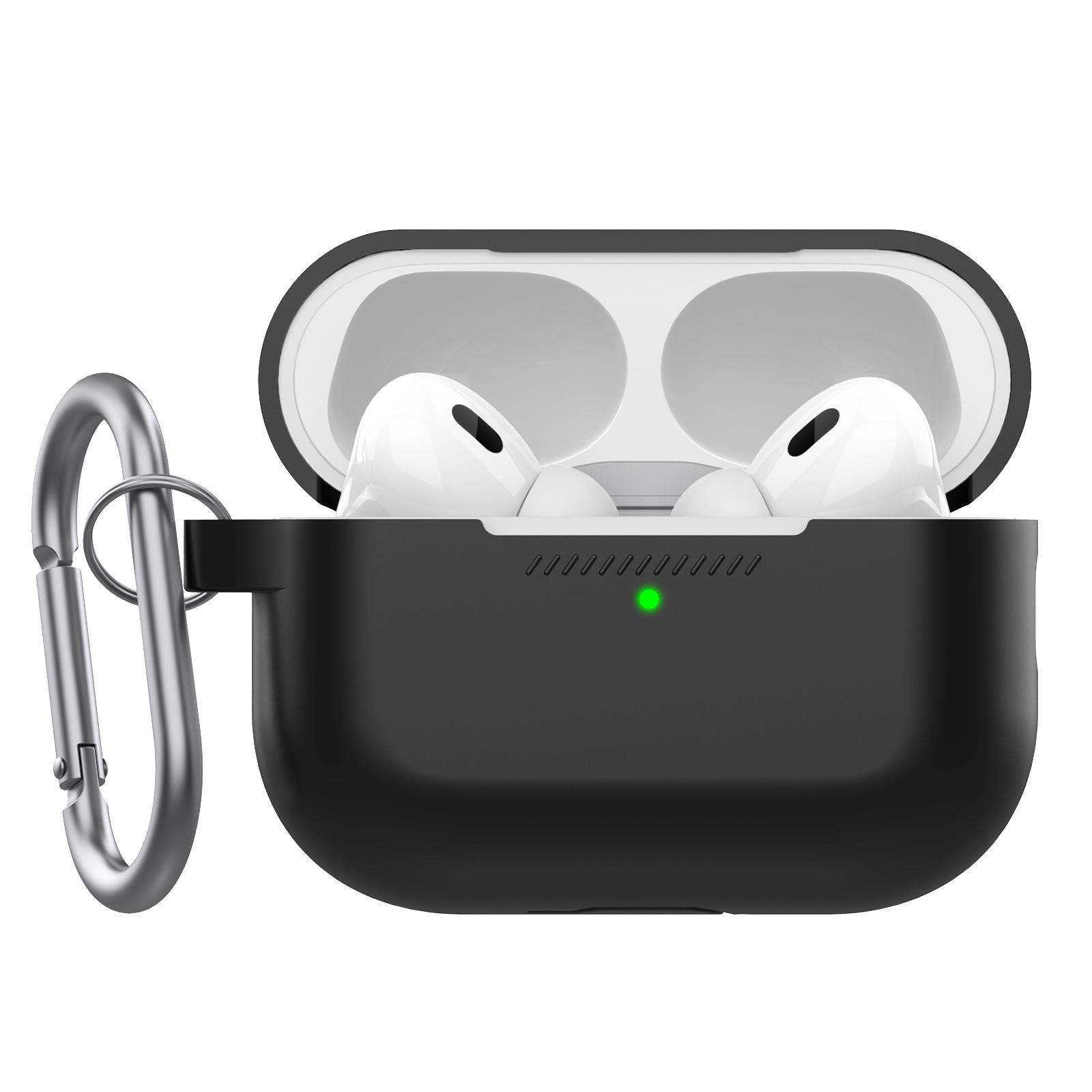 Schwarzes Gehäuse mit offenem Deckel, AirPods innen und ein silberner Karabiner.