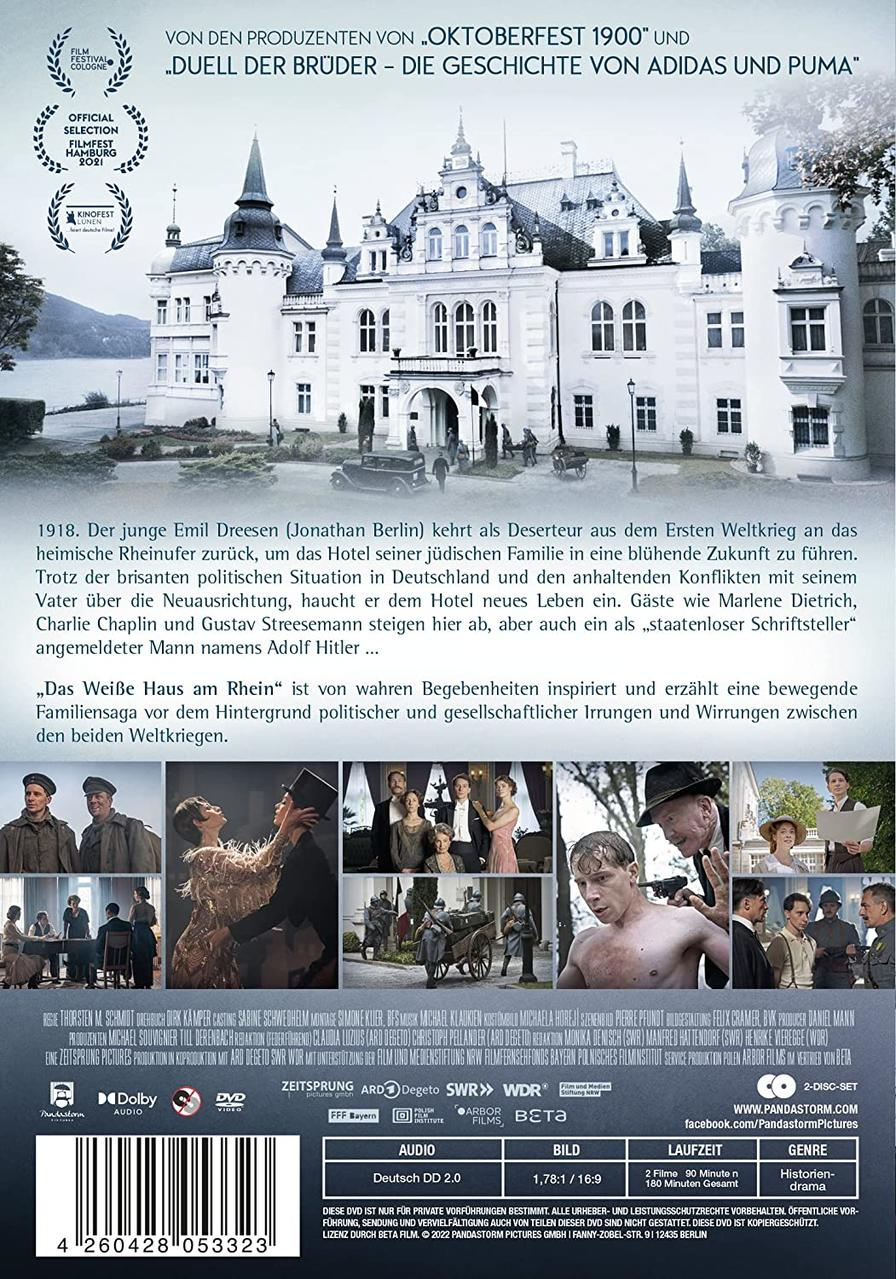 Rückseite einer DVD-Hülle mit Bildern eines Films, eines weißen Gebäudes und verschiedener Personen.