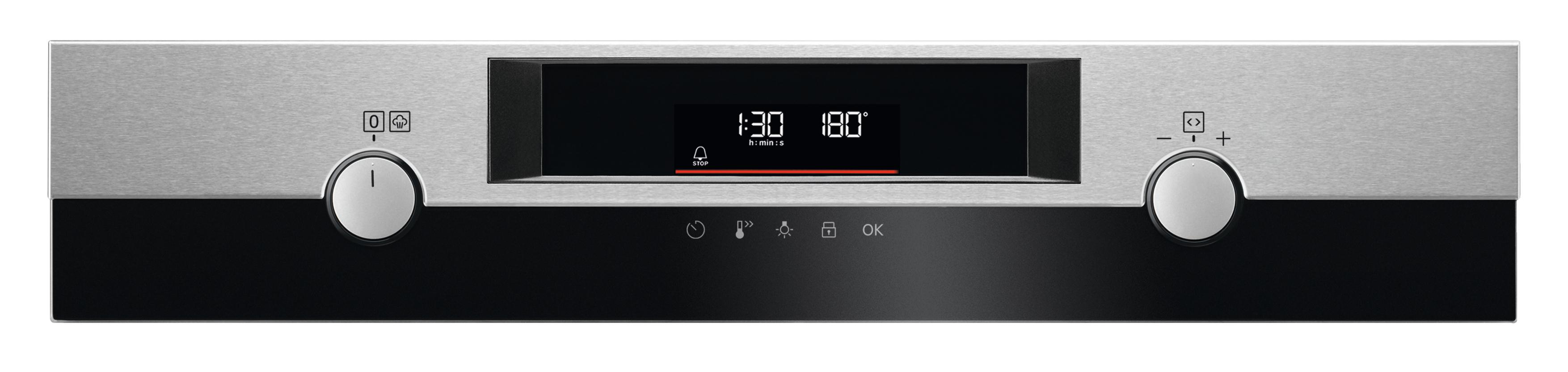 Backofen-Bedienfeld mit Digitalanzeige, die Zeit- und Temperatureinstellungen anzeigt.