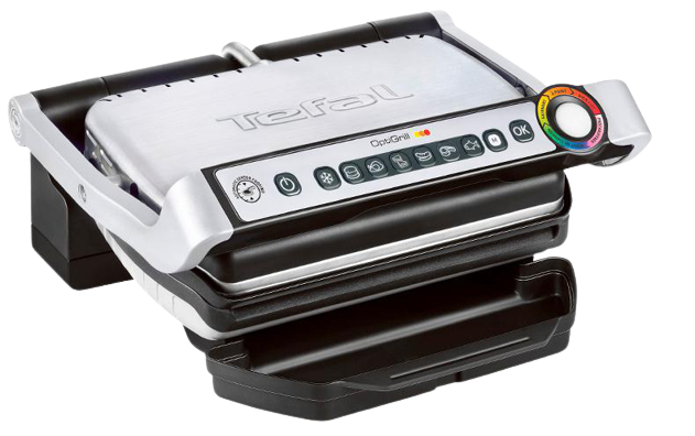 Tefal OptiGrill. Silber und Schwarz mit Griff und Bedienfeld oben. Schwarze Oberfläche.