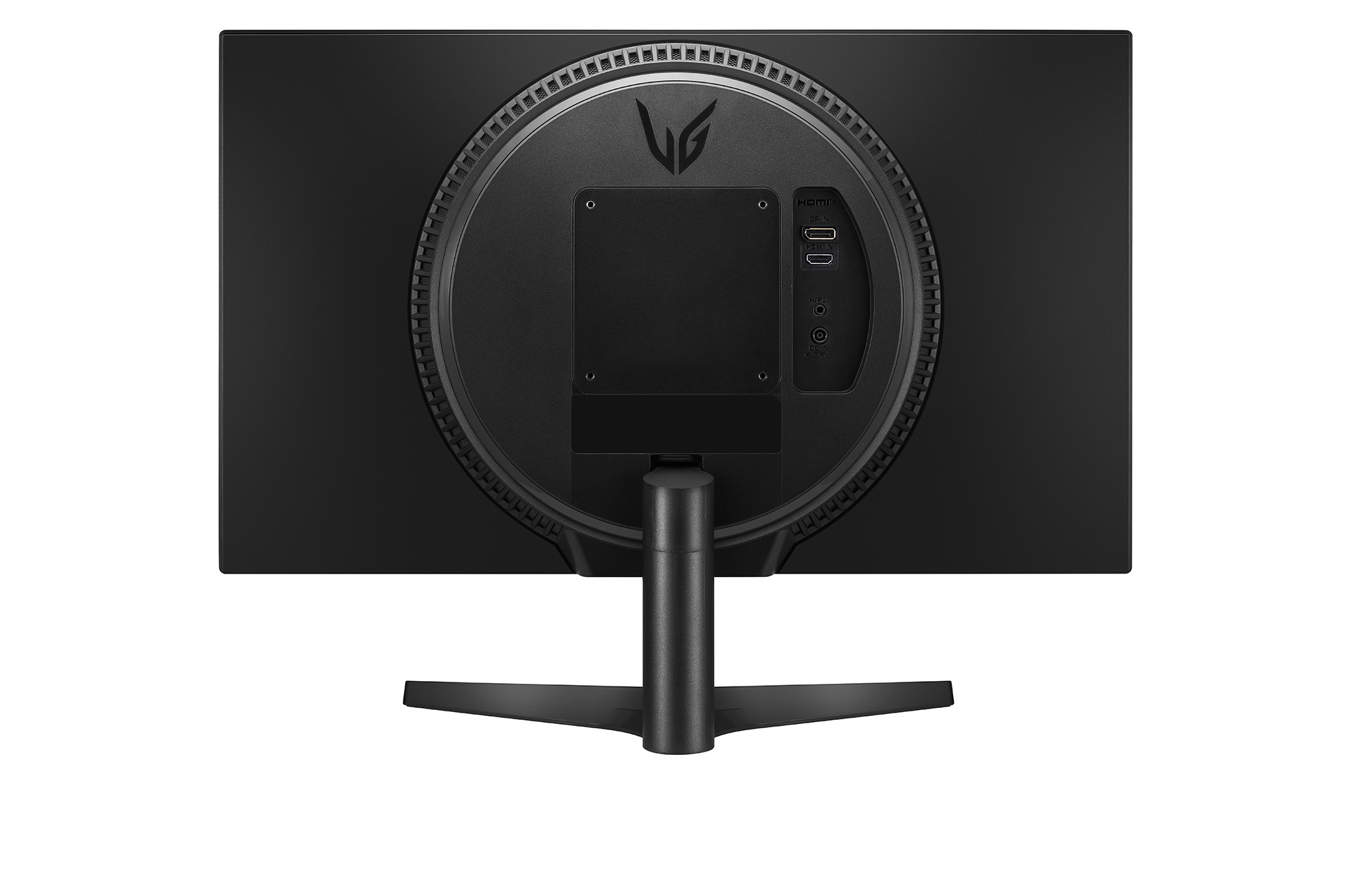 Parte trasera de un monitor LG negro con puertos y soporte. La base es visible.