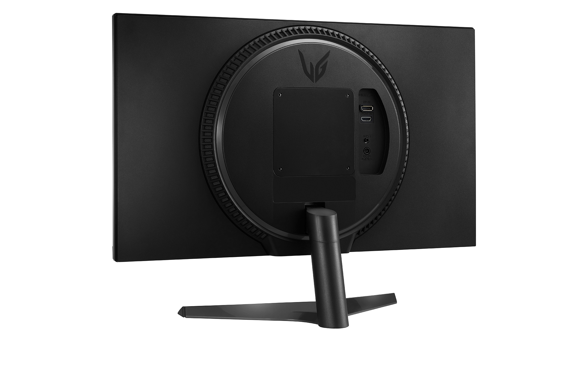 Vista trasera de un monitor LG negro con puertos y soporte.