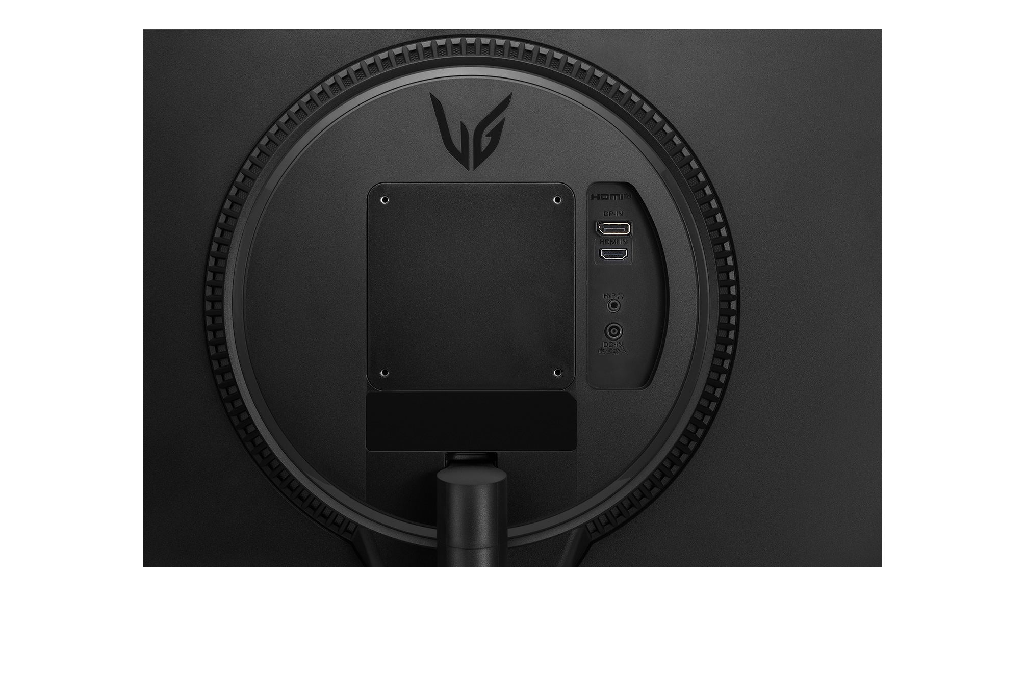 La parte trasera de un monitor de computadora negro con puertos y logotipo.