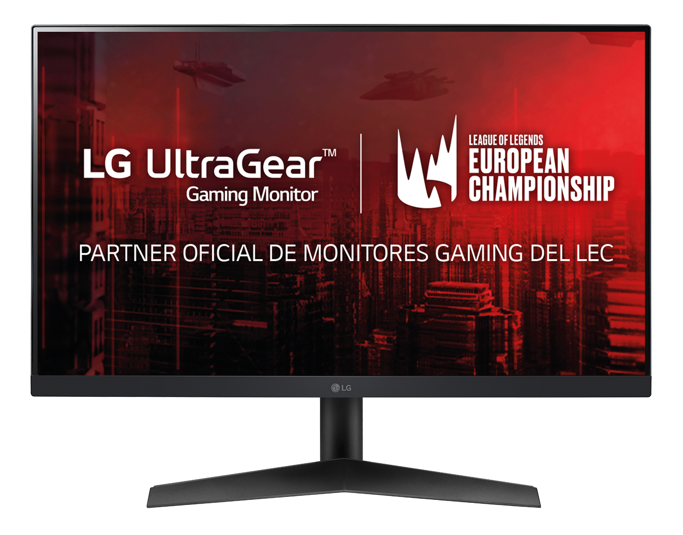 Un monitor de juegos LG UltraGear con el logo del Campeonato Europeo sobre un fondo negro.